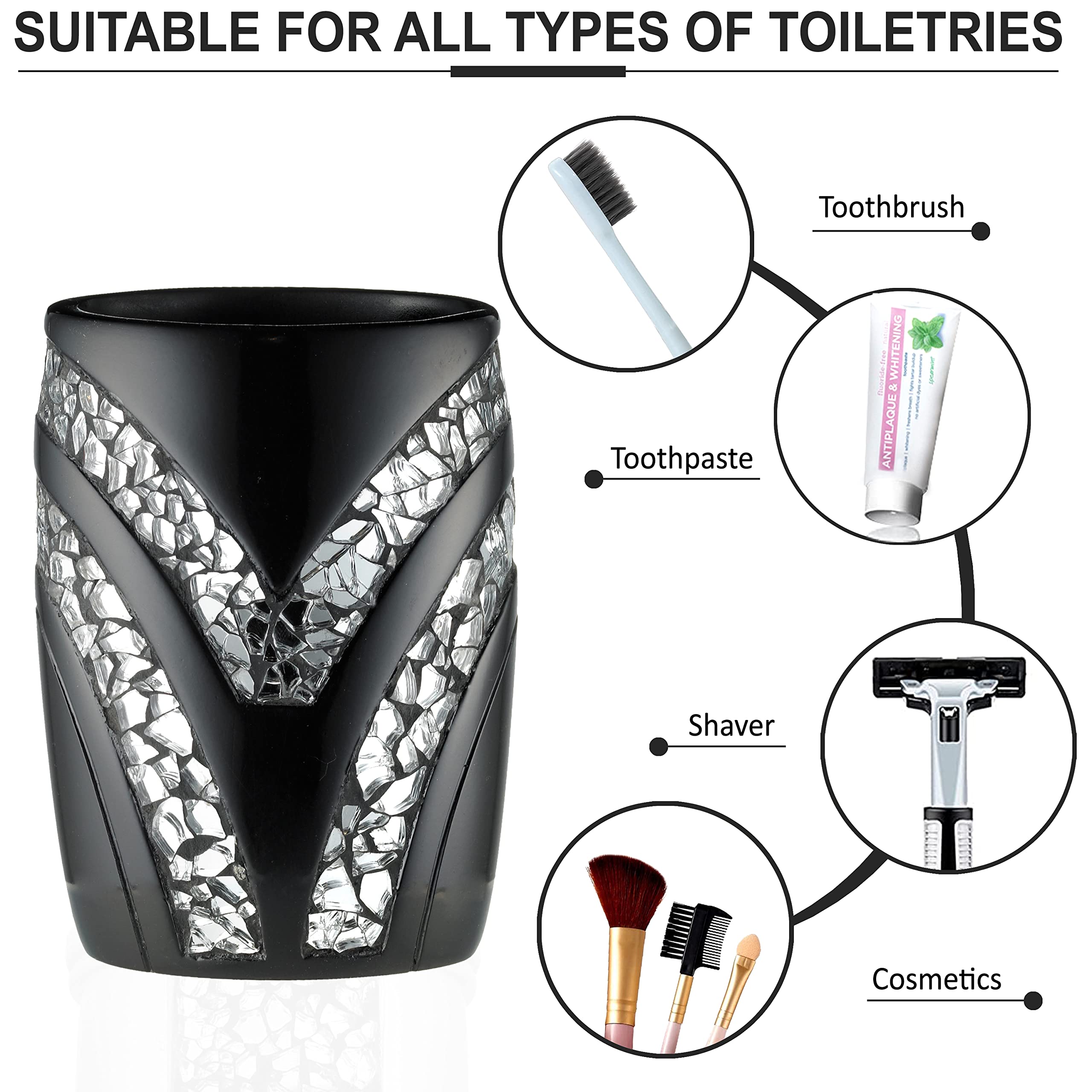 Zahari Home 4pc Sinatra Stylish Bathroom Accessories Set Black Soap Dispenser/Lotion Pump  Tumbler  Tooth Brush Holder and Soap Dish Modern Luxury Decor Bling Mosaic Glass Black Bathroom Accessories