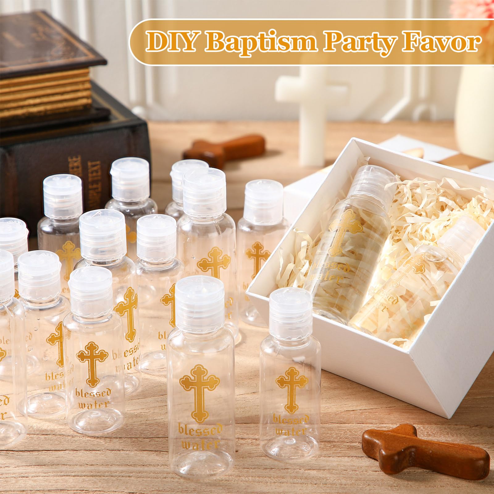 Chuangdi 20 Pcs Holy Water Bottles Baptism Party Favor Transparent Holy Water Empty Containers with Golden Catholic Cross First