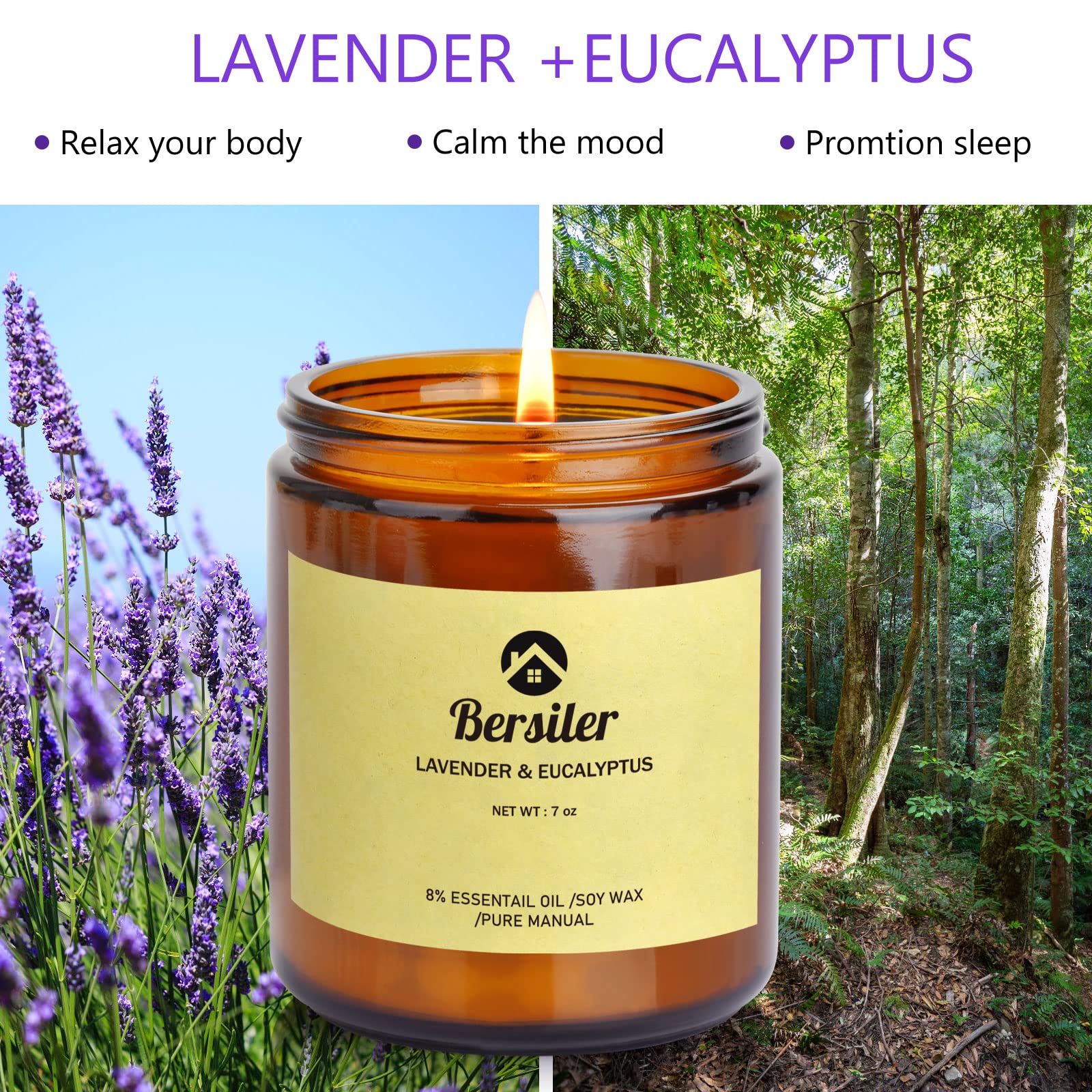 Bersiler Aromatherapy Candles, 7 OZ Lavender Eucalyptus Scented Candles Stress Relief and Relax for Home & Bedroom Gift for Wome