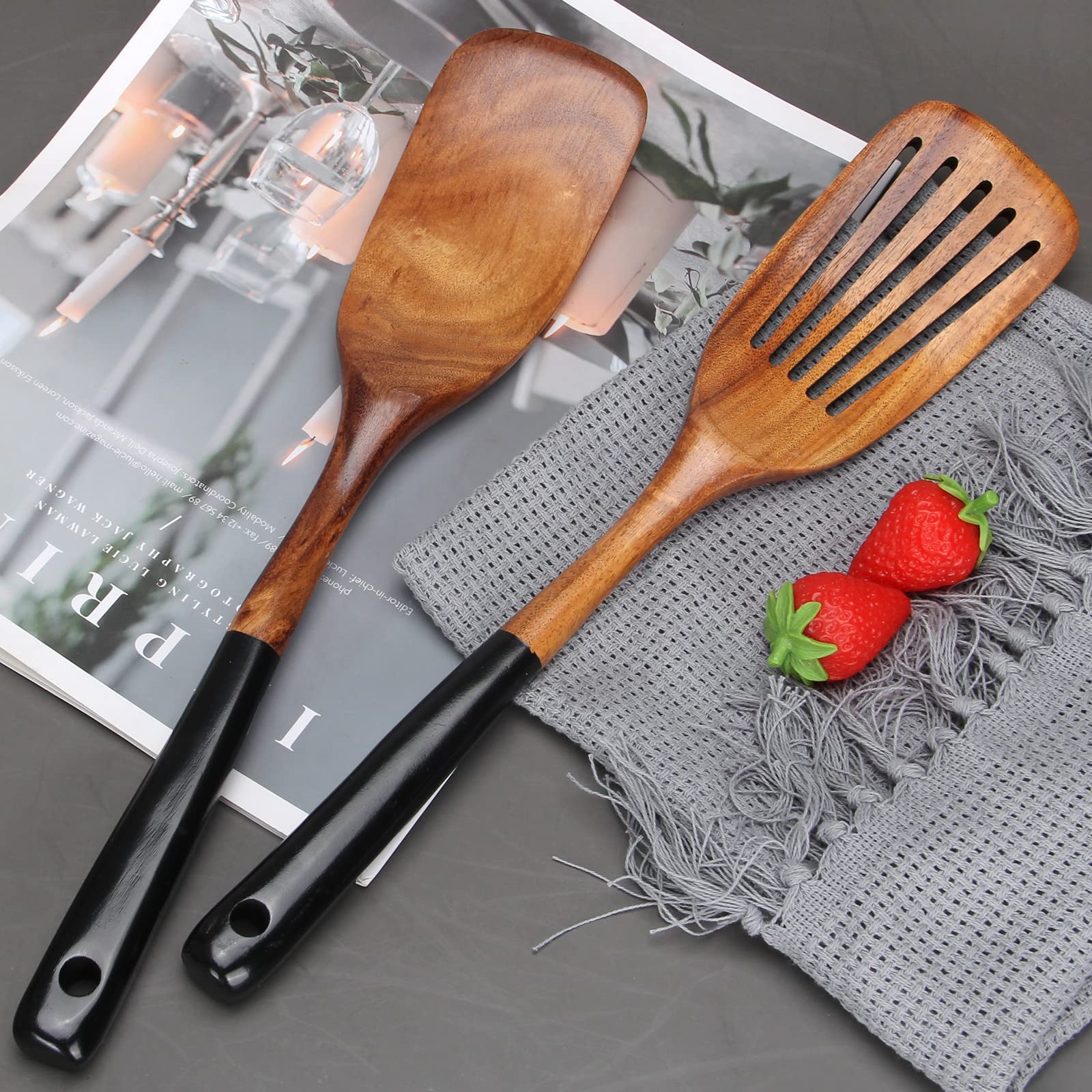 2 Pcs Best Wooden Spatula Set For Cooking Kitchen Slotted Turner Spatula Flat Wood Wok Spatula Non Stick Cooking Utensils For Fr