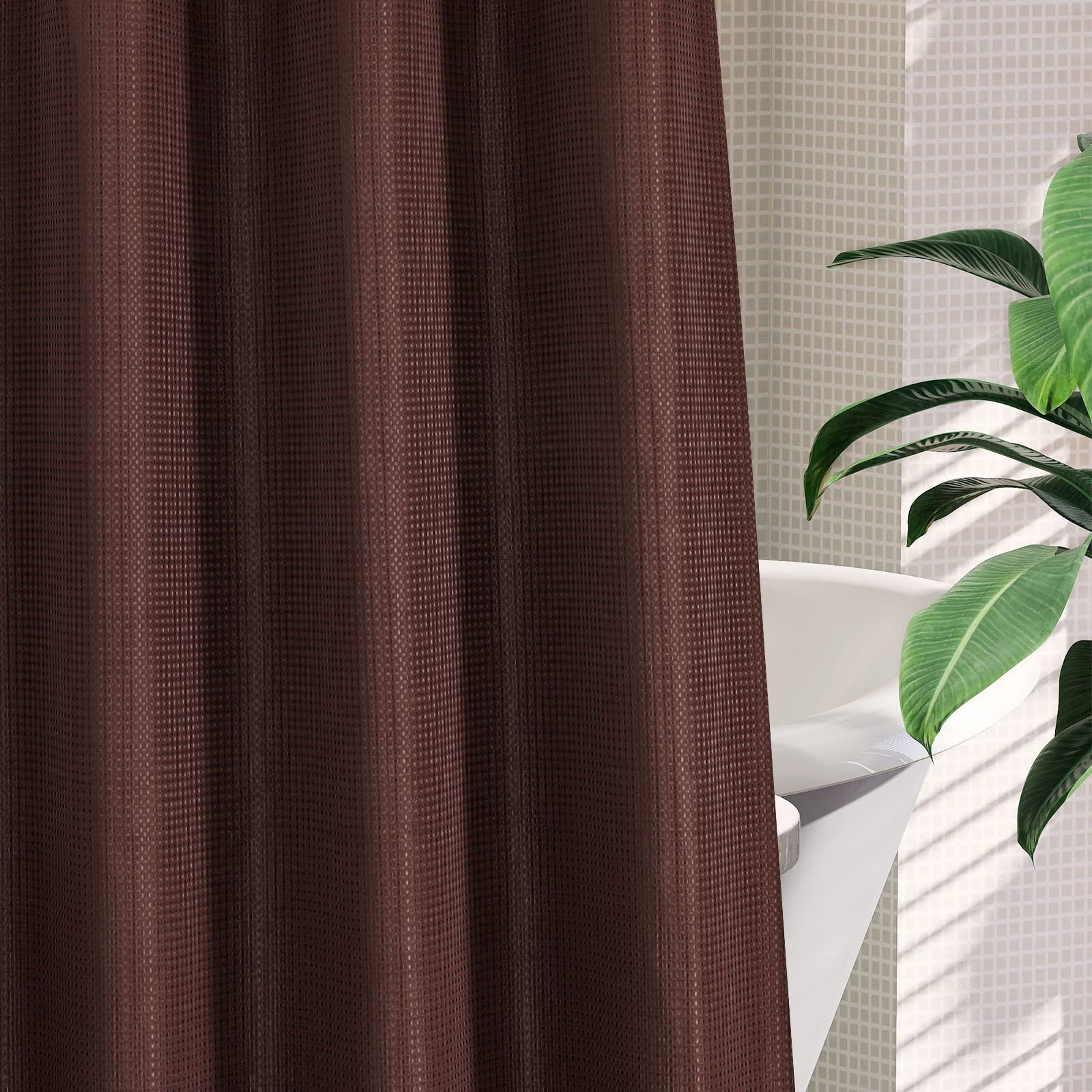 Mitovilla Brown Waffle Small Stall Shower Curtain 36 X 74, No Hooks Required Half Size Narrow Fabric Shower Curtain Set With Sna
