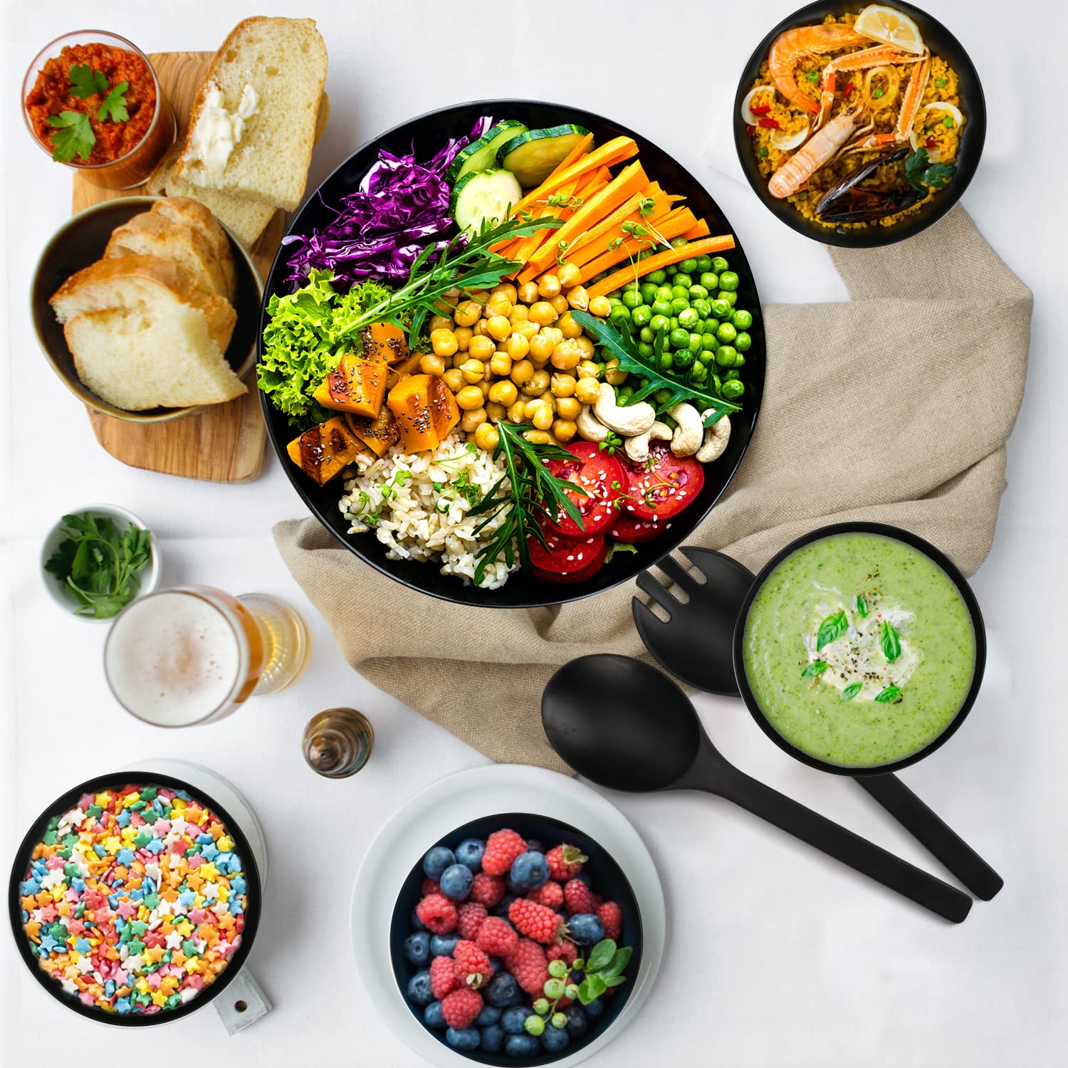 Shineme Salad Bowls, Large Salad Bowl With Lid And Servers, Bamboo Salad Bowl Set With 4Pack Small Serving Bowls, 9.8Inches Soli