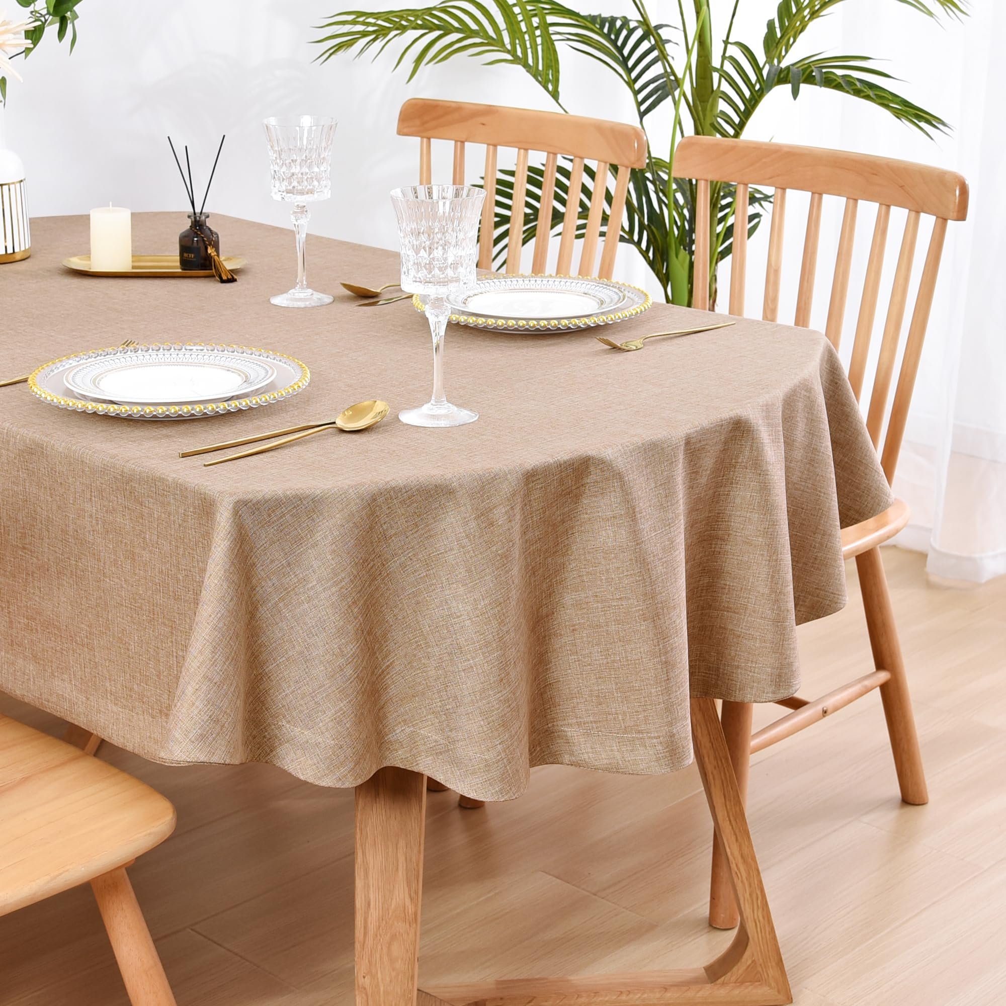 Wolkemer Faux Linen Small Oval Tablecloth Heavy Duty Wrinkle Resistant Fabric Table Cloths 52 x 70 Inch Flaxen Farmhouse Rustic 