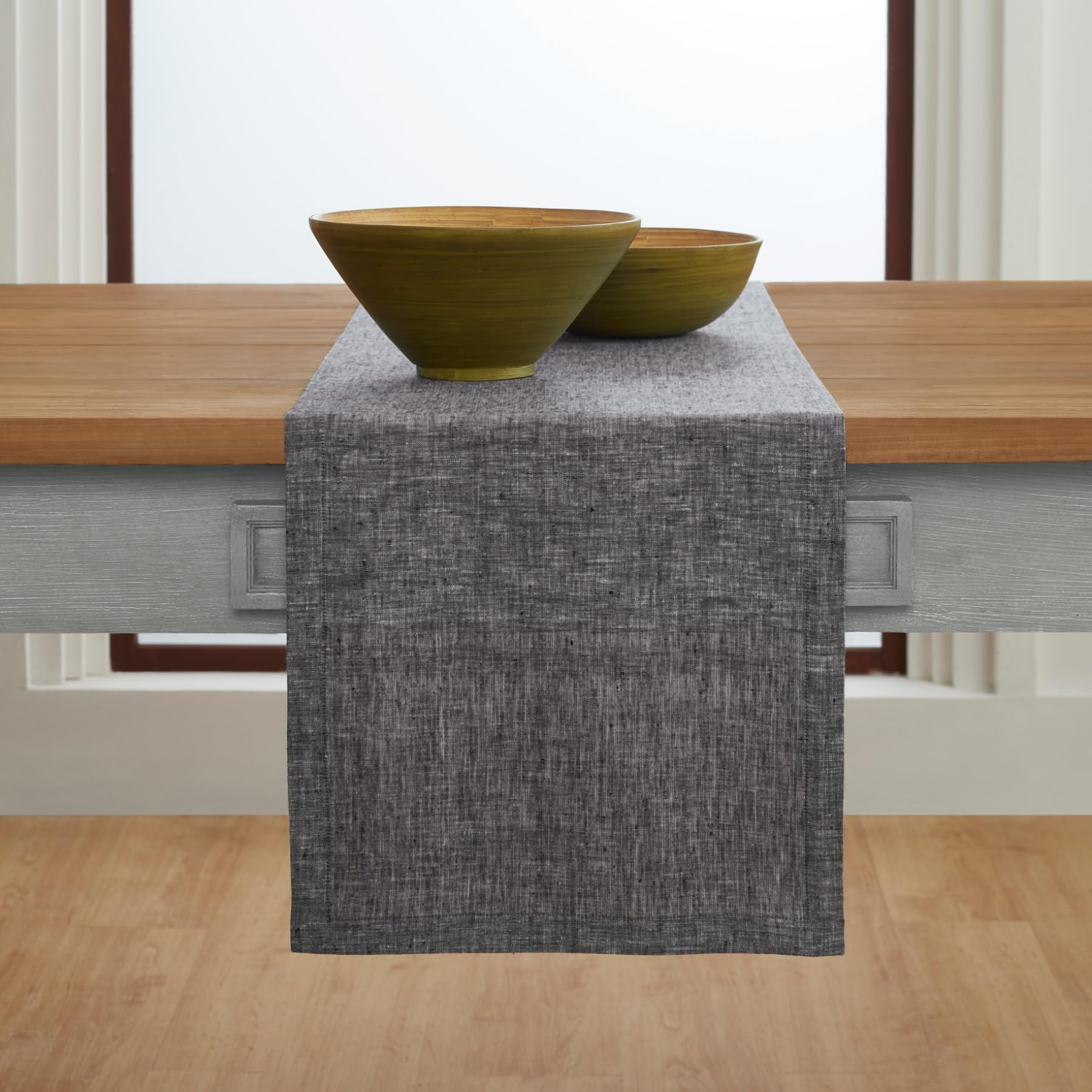 Solino Home Linen Table Runner 90 Inches Long - 100% Pure Linen Chambray Black Table Runner 14 X 90 Inch - Machine Washable Dini