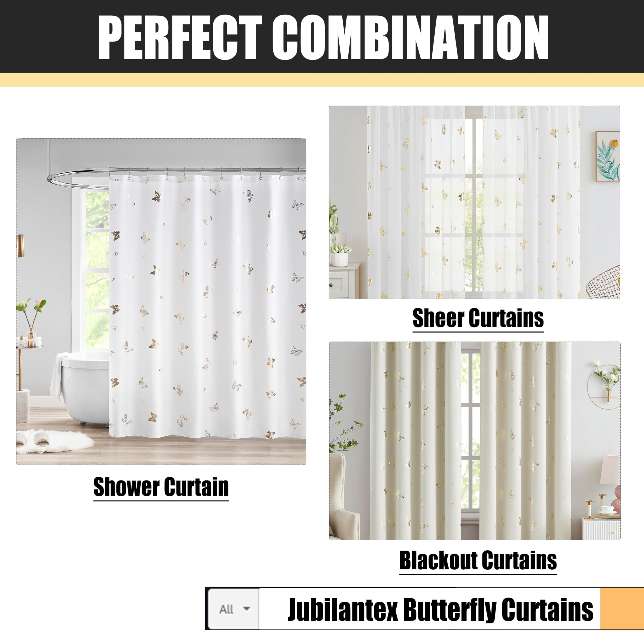 Jubilantex White Gold Butterfly Floral Shower Curtain for Bathroom Decor Luxury Washable Waterproof Fabric for Bathtub Hotel Spa 70x72 Inches