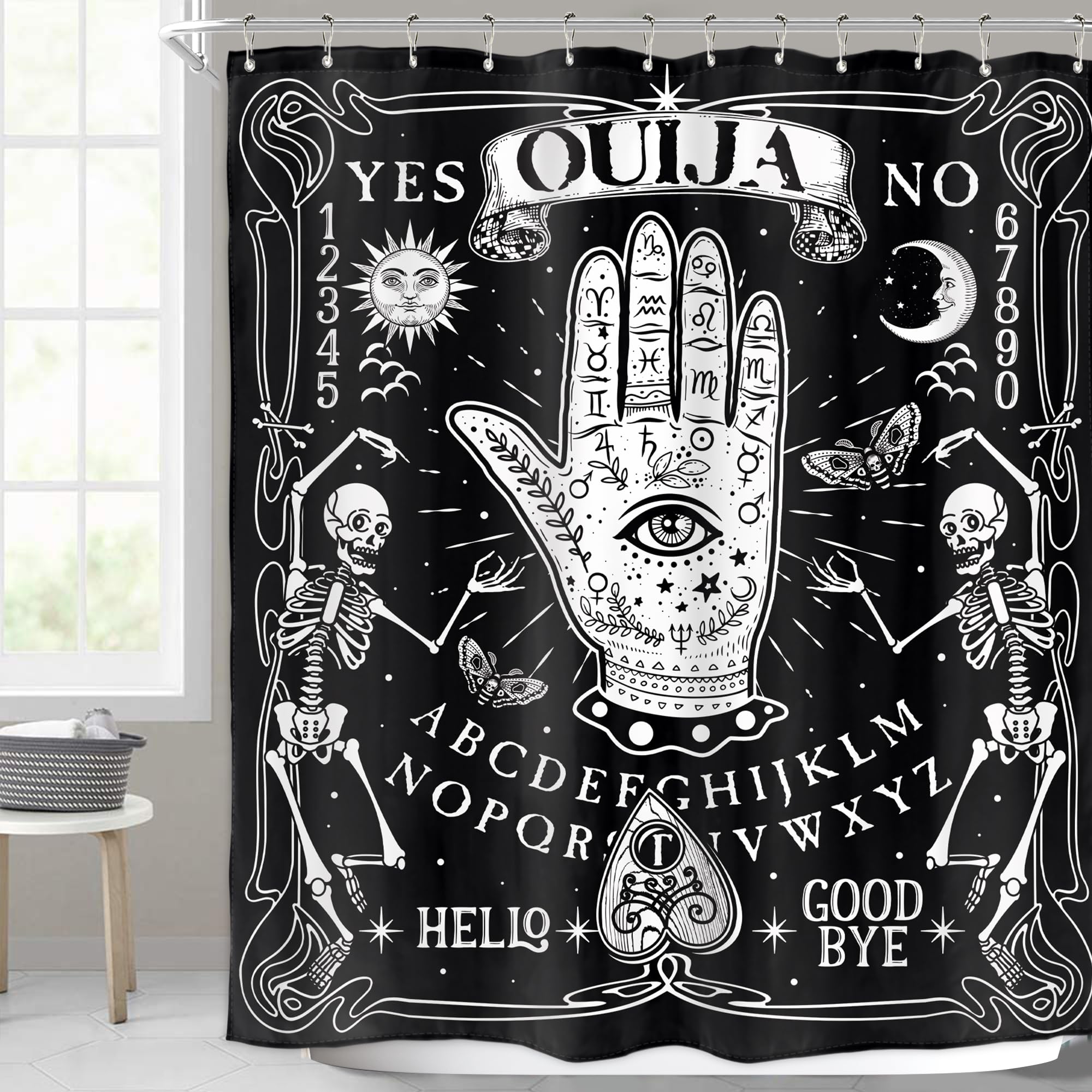 Homewelle Gothic Hands Shower Curtain Black Skeleton Witchy Eye Moth Tarot Ouija Palmistry Psychic Sun Moon Spooky 60Wx72H Inch