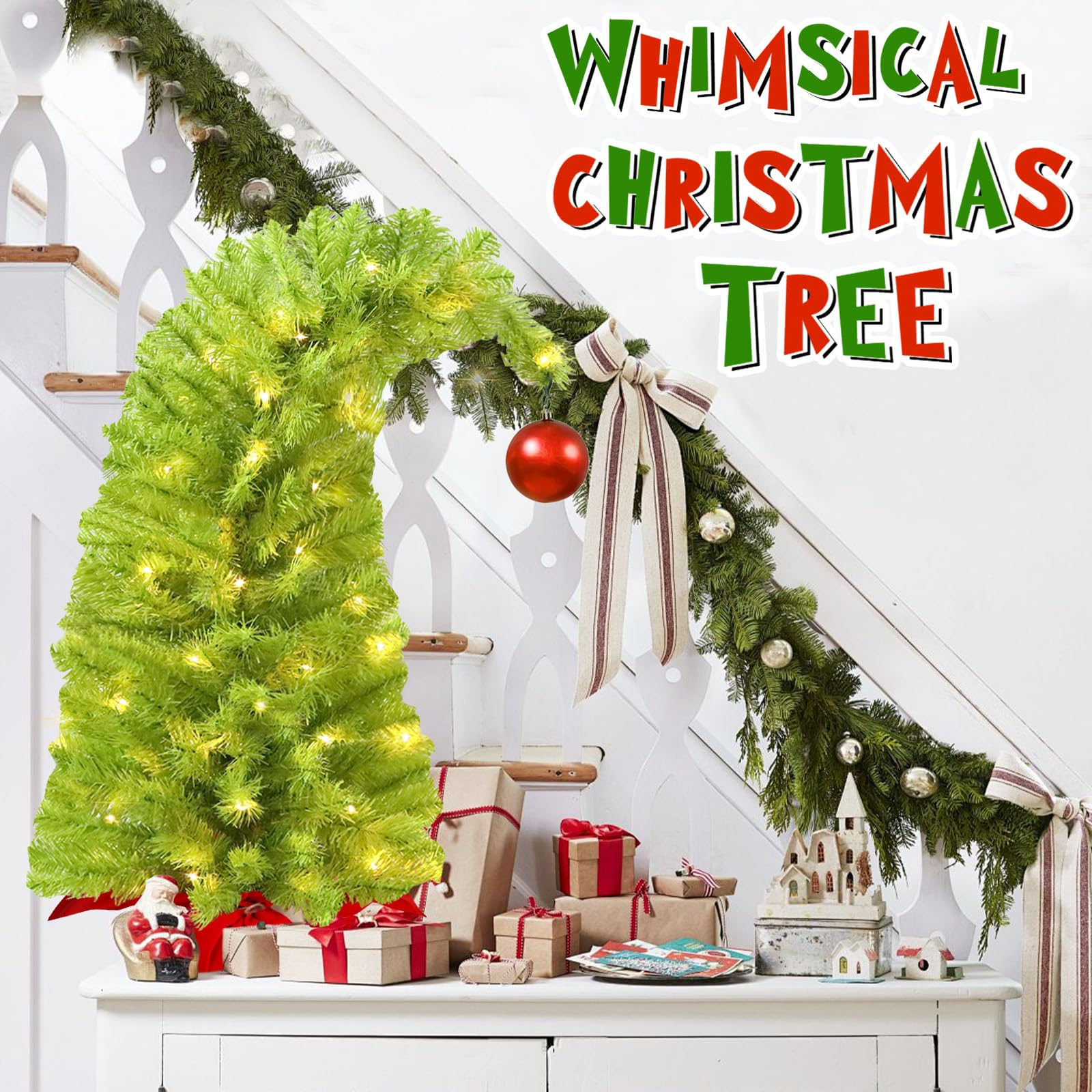 HMASYO Whimsical Small Tabletop Christmas Tree with Lights and Red Ball, 26.8 Bendable Lime Green Artificial Table Top Christmas