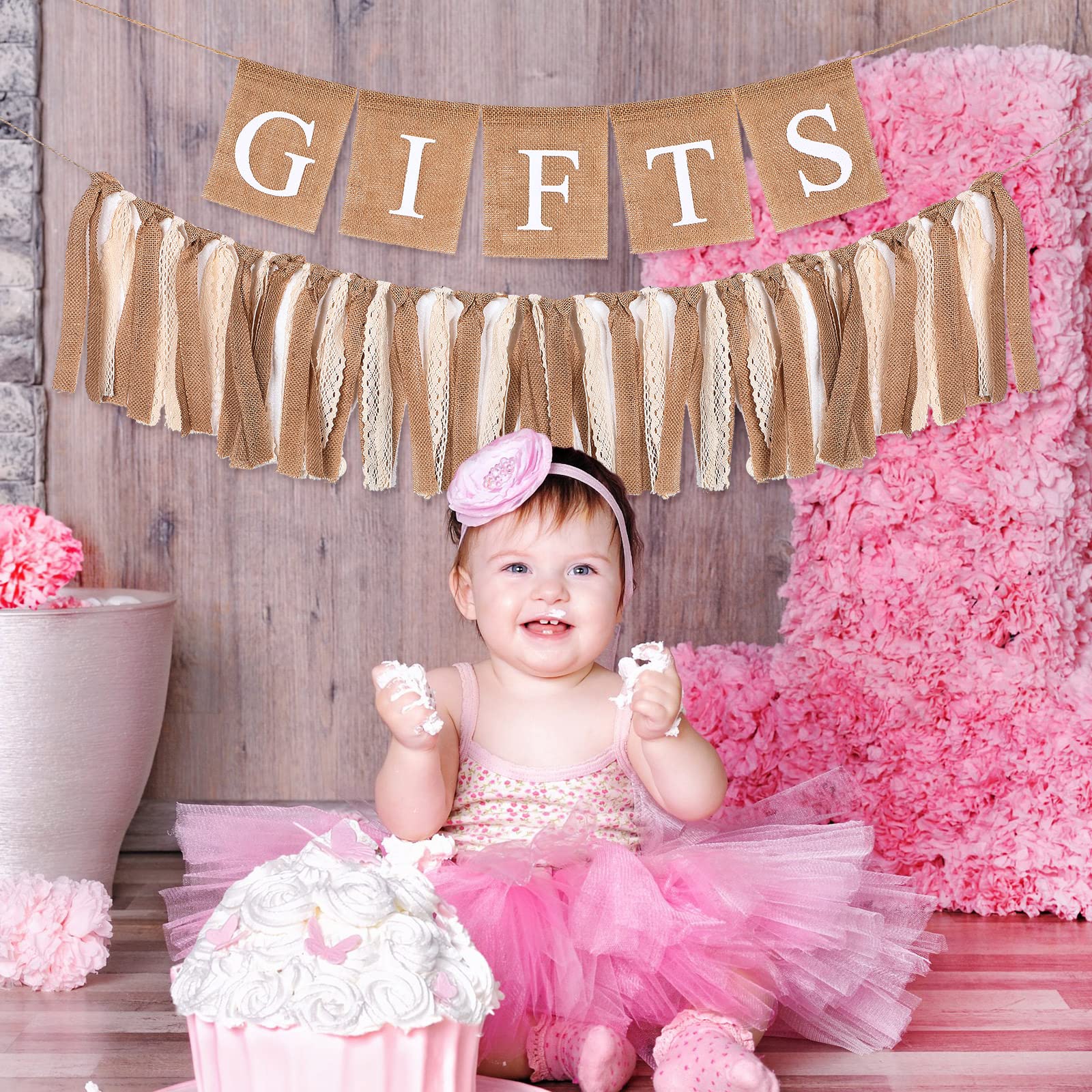 2 Pcs Boho Burlap Banner Baby Shower Decorations Set Include Rustic Gift Banner Decor Bunting Sign Bunting Gifts Sign Burlap Lac