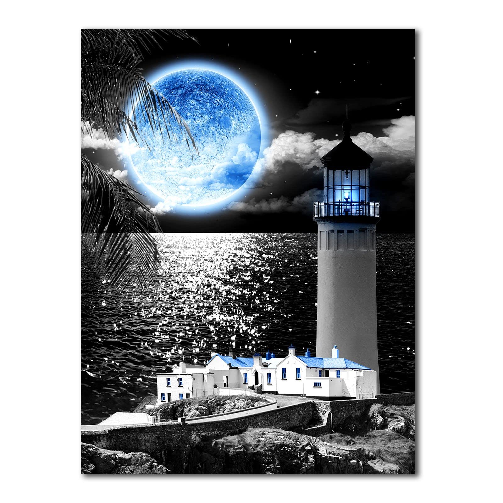 Coast Lighthouse Canvas Wall Art: Blue Moon Wall Decor - Black White Decoration For Home Office, Serene Sea Poster Vintage Decor