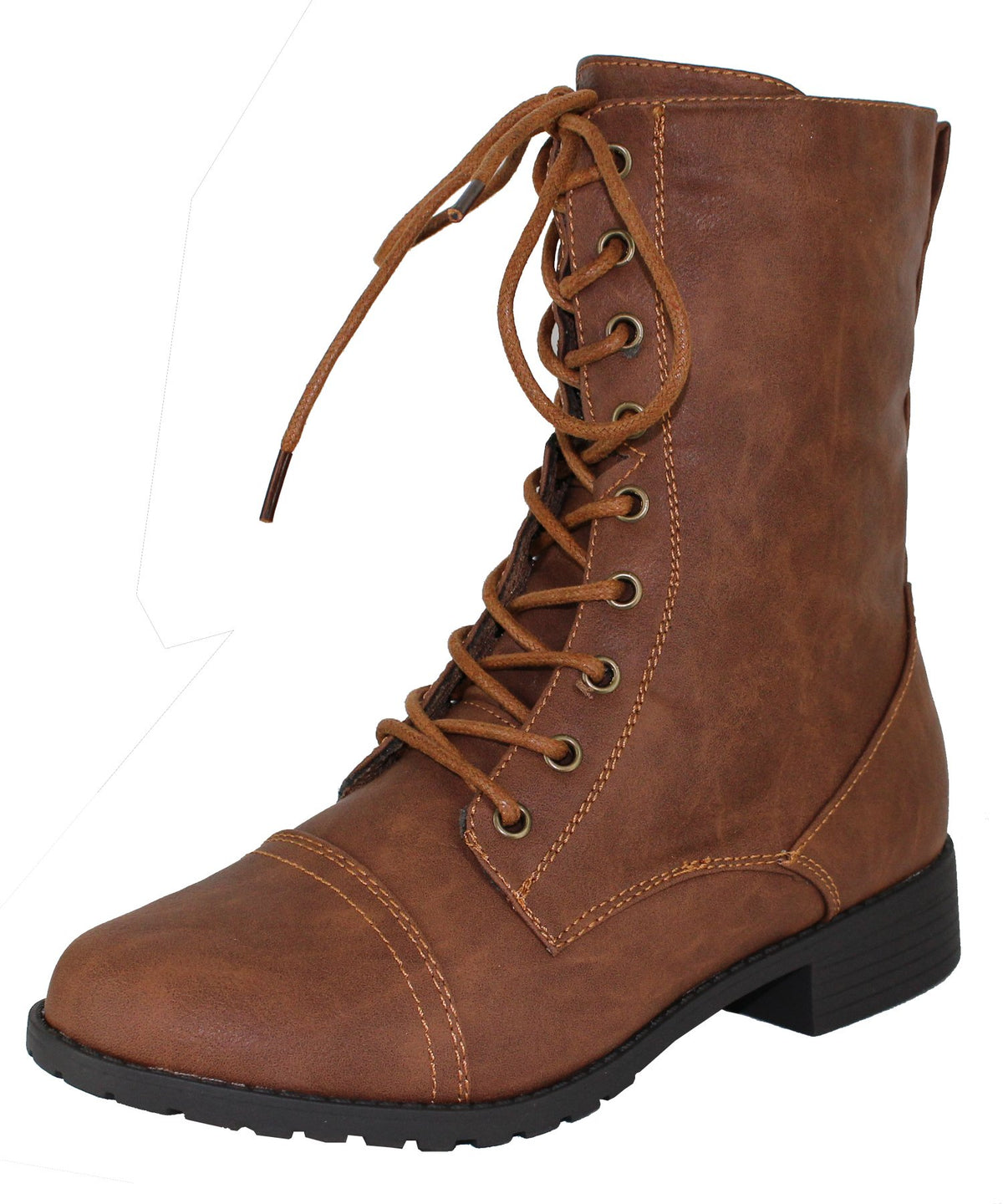 Forever Link Womens Round Toe Military Lace Up Knit Ankle Cuff Low Heel Combat Boots, 6, Tan