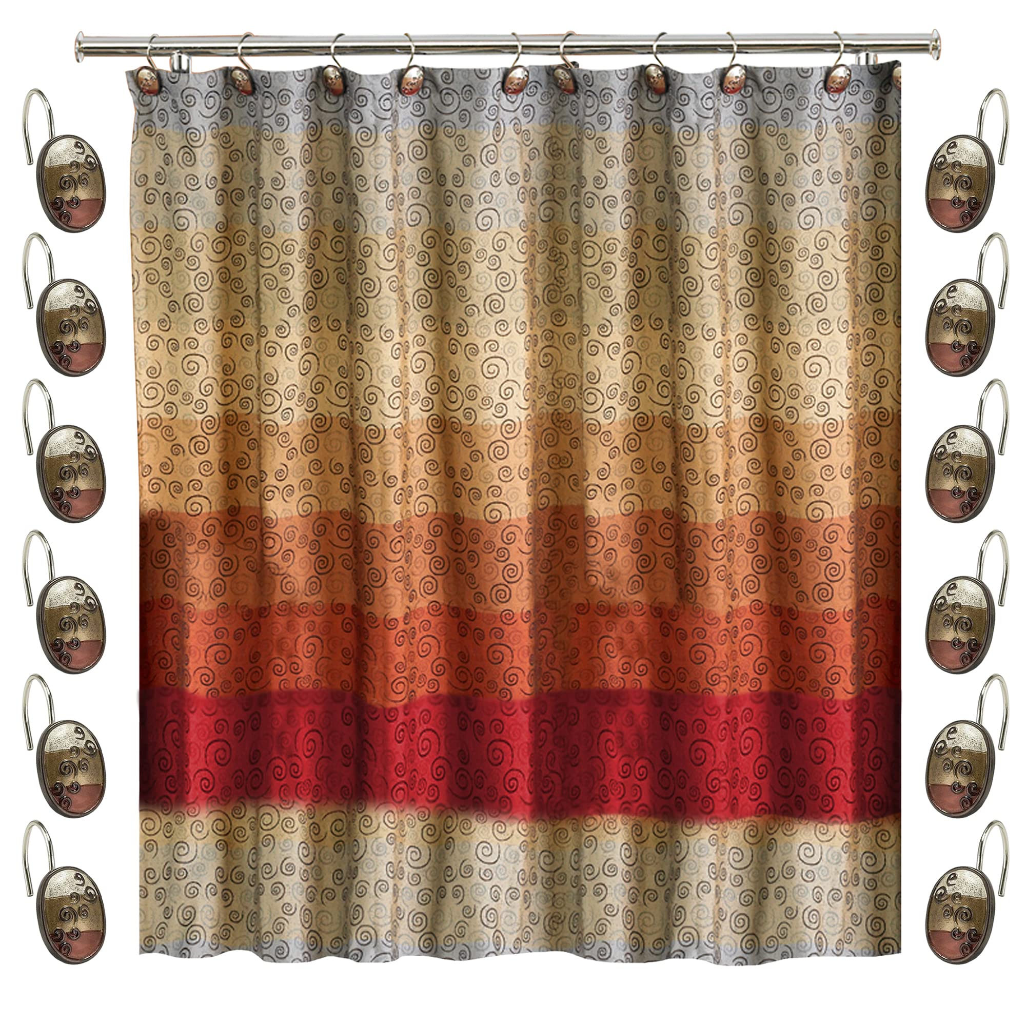 Zahari Home 13pc Miramar Bathroom Shower Curtain Sets Shower Curtain & 12 Shower Bathroom Hooks Modern Classic Luxury Contemporary Decor Multi Color Shower Curtain Set