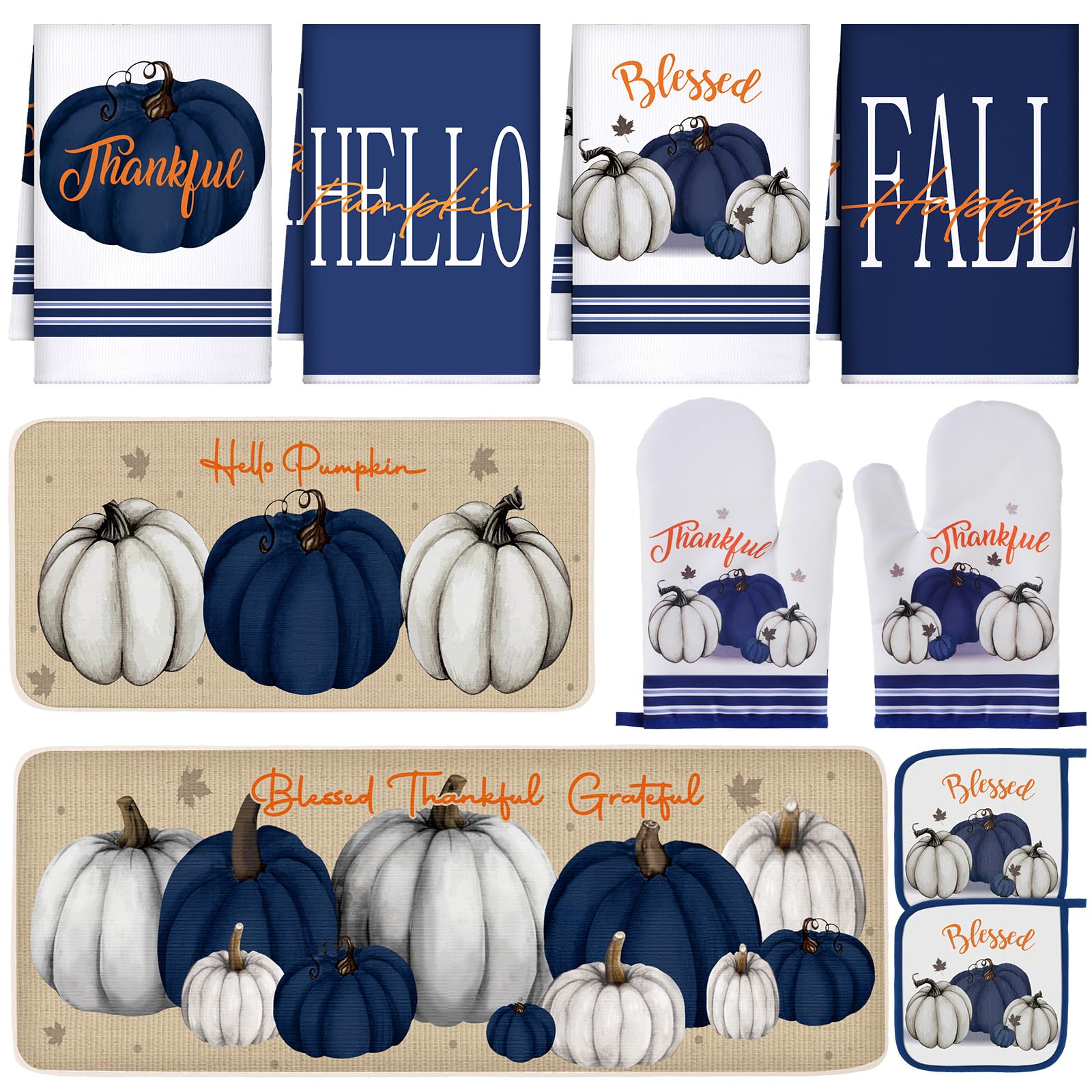Fanfanwin 10 Pcs Thanksgiving Pumpkin Kitchen Decor Set Kitchen Towels Pot Holders Oven Mitts and Rugs Set Thanksgiving Decor fo