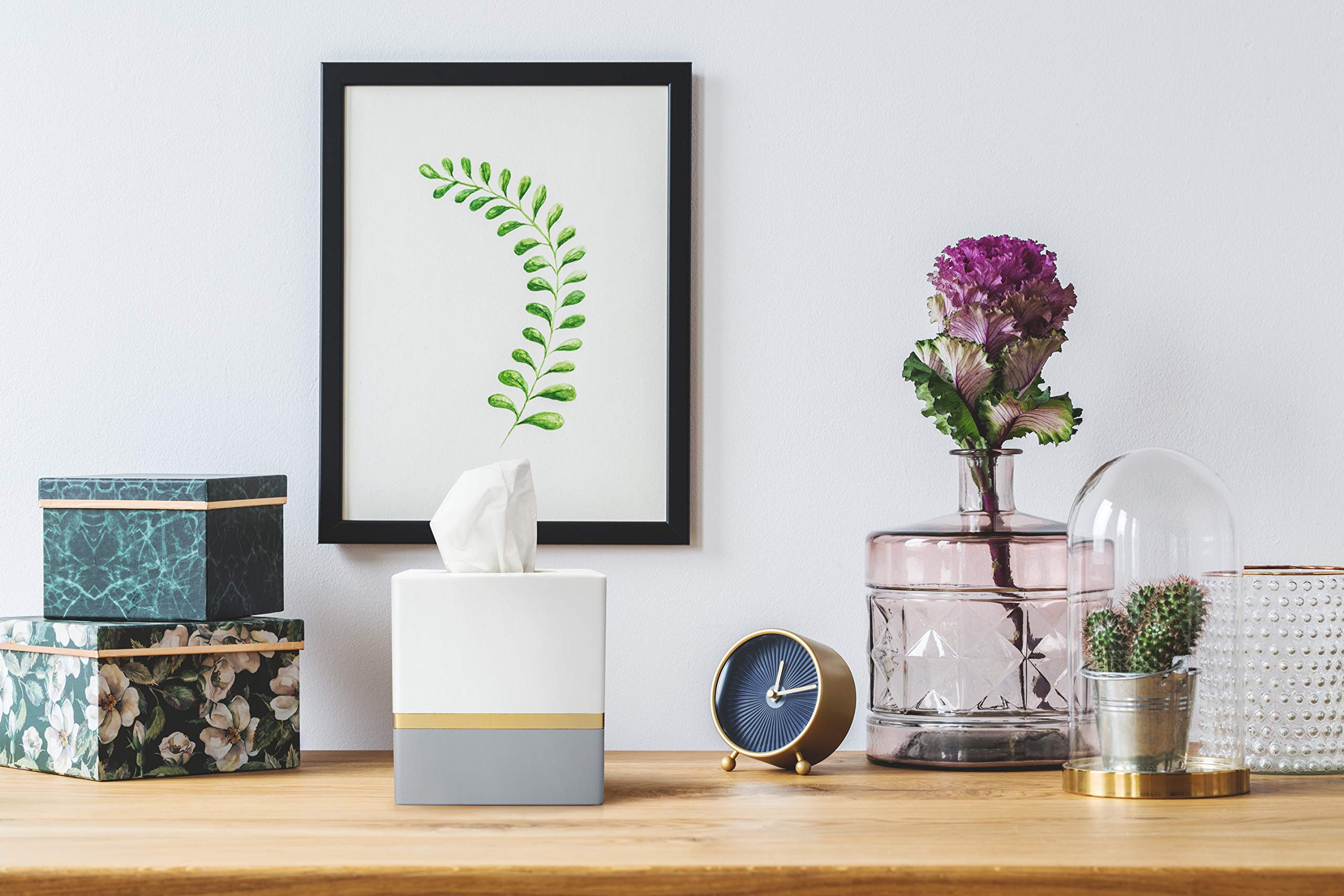 Essentra Home Day and Night Collection Square Tissue Box  White and Grey with Gold Stripe