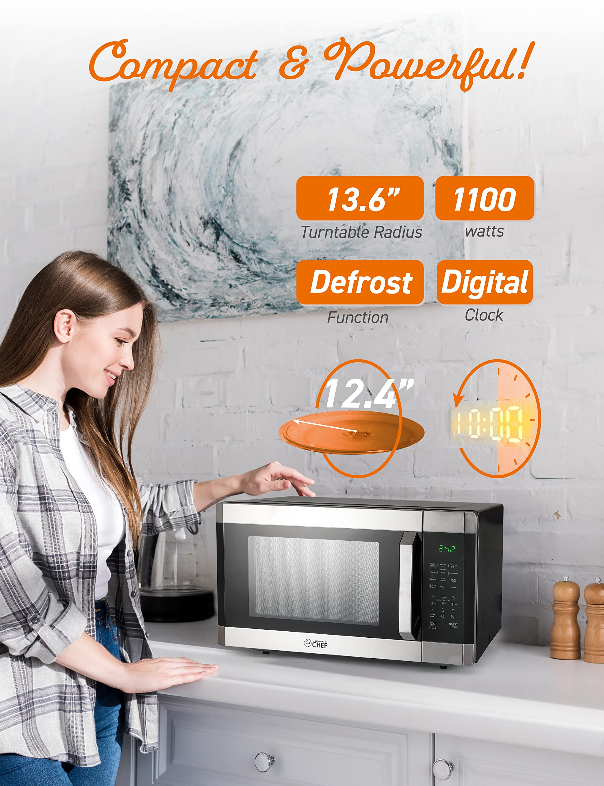 Commercial Chef 1.6 Cubic Foot Microwave With 10 Power Levels, Small Microwave With Pull Handle Child Safety Lock, 1100 Watt Mic