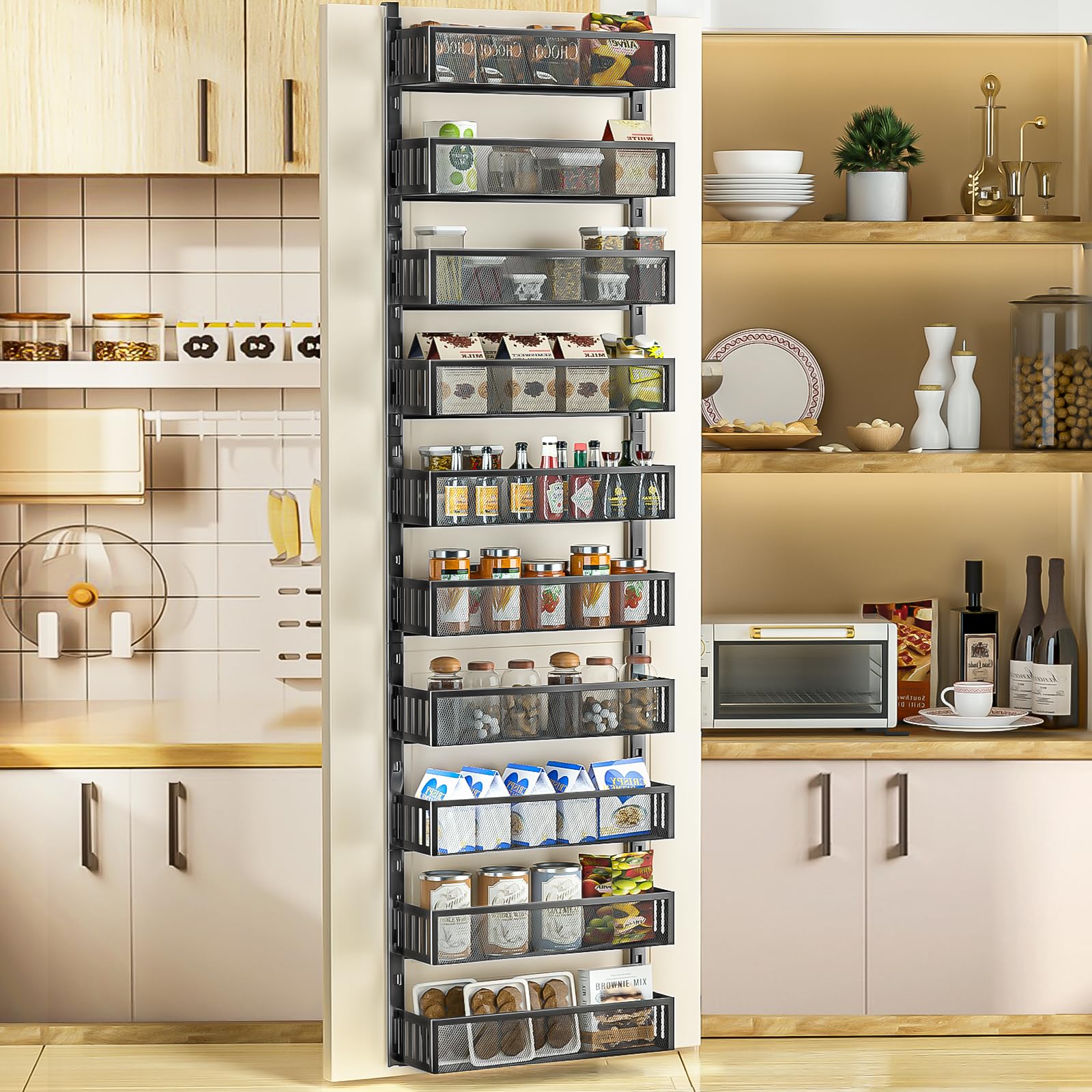 DAOTENGQL 10tier Over The Door Pantry Organizer with Mesh Baskets, Adjustable & Stable Hanging Spice Rack for Kitchen, Bathroom