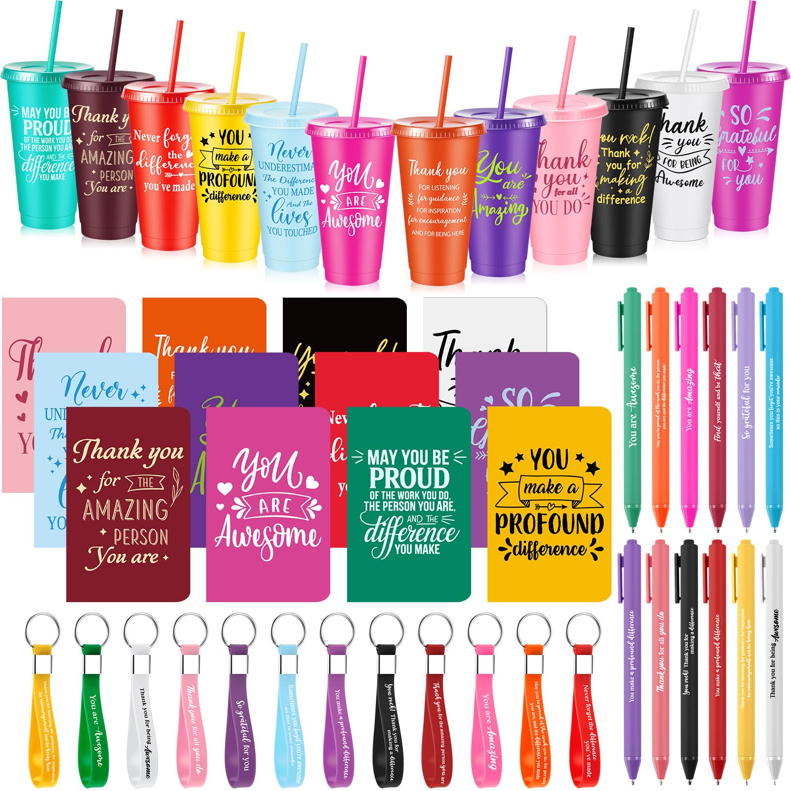 Hollowfly 12 Sets / 48 Pcs Inspirational Appreciation Gifts, Thank You for Employee Coworkers, 24 oz Plastic Cup with Lid Straw 