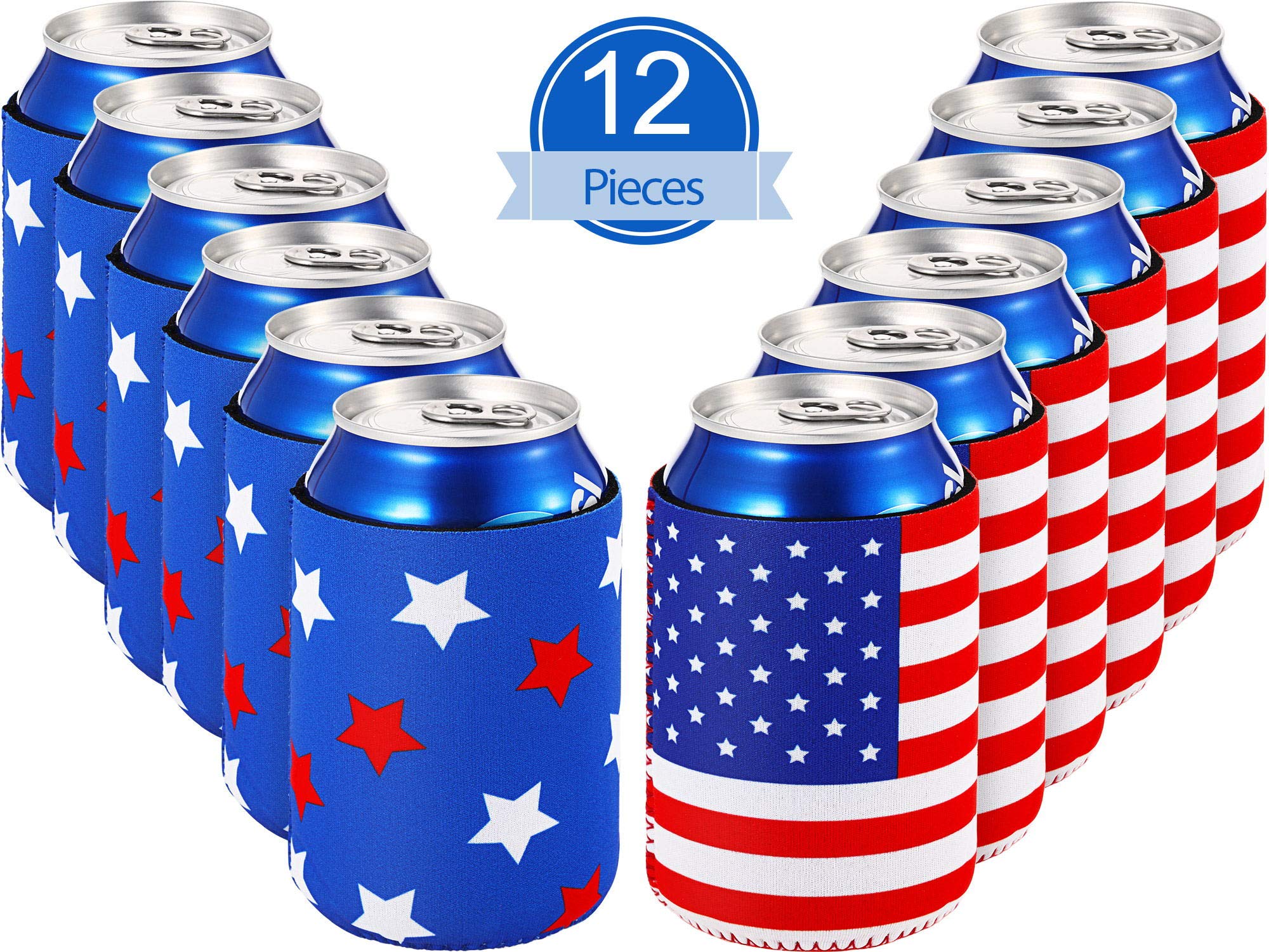12 Pieces Can Cooler Sleeves for 4th of July Neoprene American Flag Coolers for Independence Day USA Flag Patriotic Insulated 12