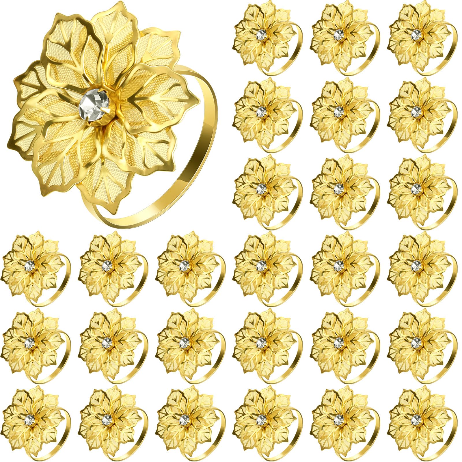 Hotop 24 Pcs Gold Napkin Rings Flower Napkin Holders Buckles Hollow Out Rhinestone Wedding Delicate Serviette Buckles for Spring