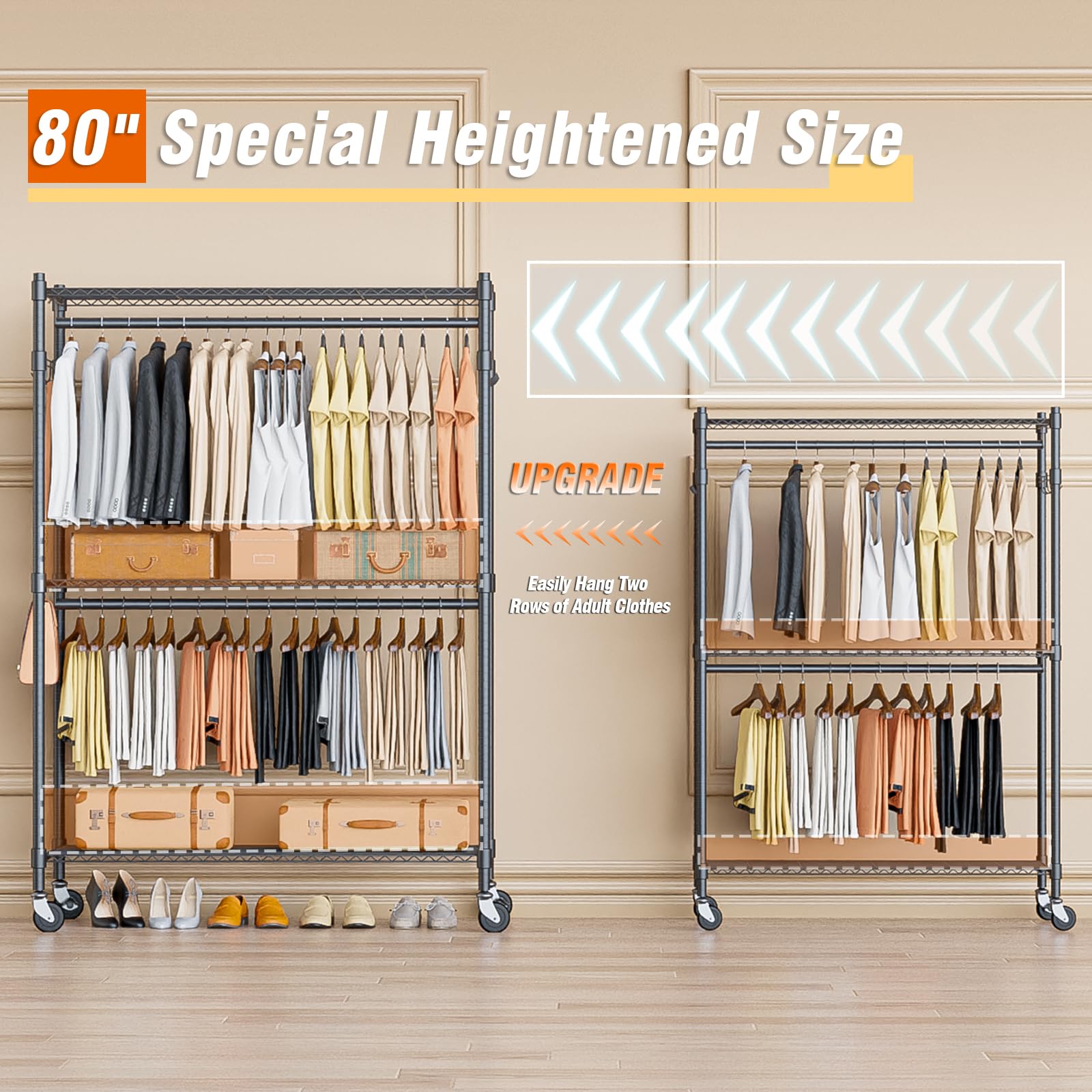 Homdox Heavy Duty Rolling Clothing Rack, Adjustable Garment Rack With 3 Tier Storage Shelves, Freestanding Closet Wardrobe For H