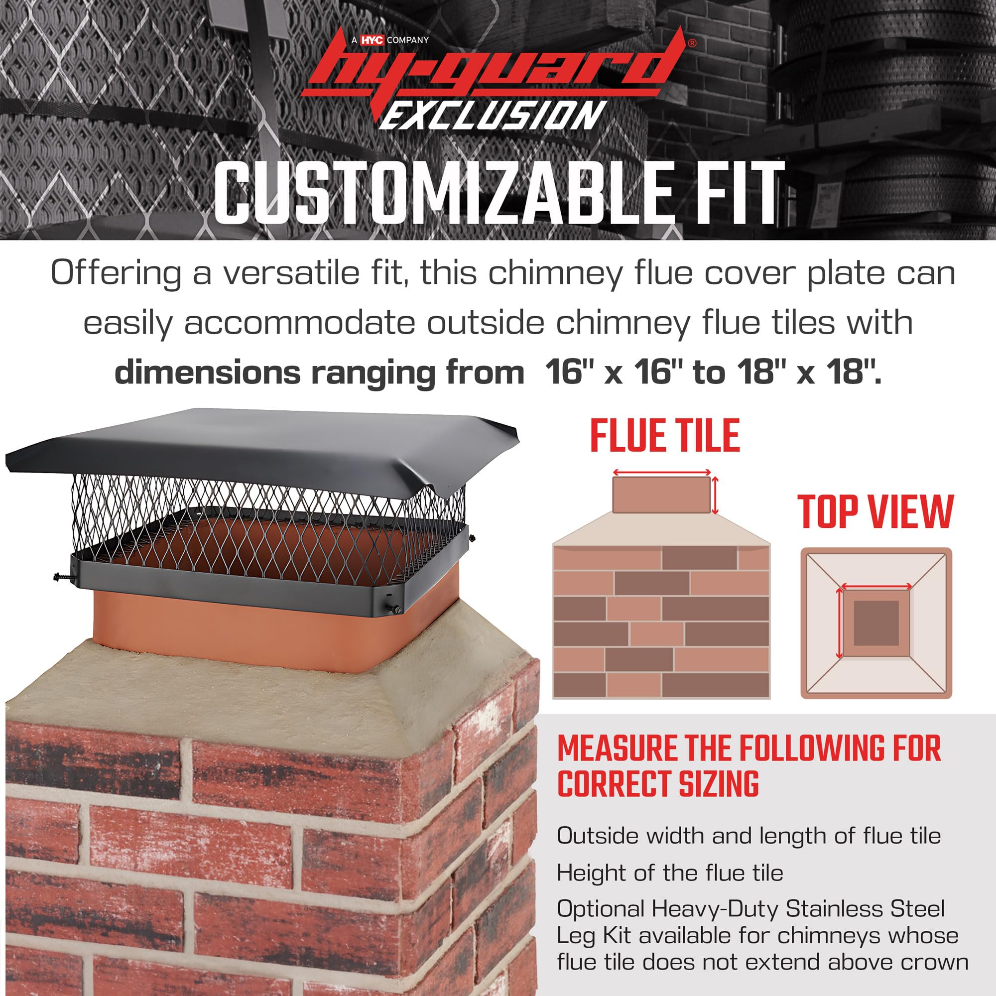 Hy-Guard Galvanized Steel Chimney Cover - Black, Single Bolt-On Chimney Flue Cover With Hood Plate, Fits On Existing Flue Tiles
