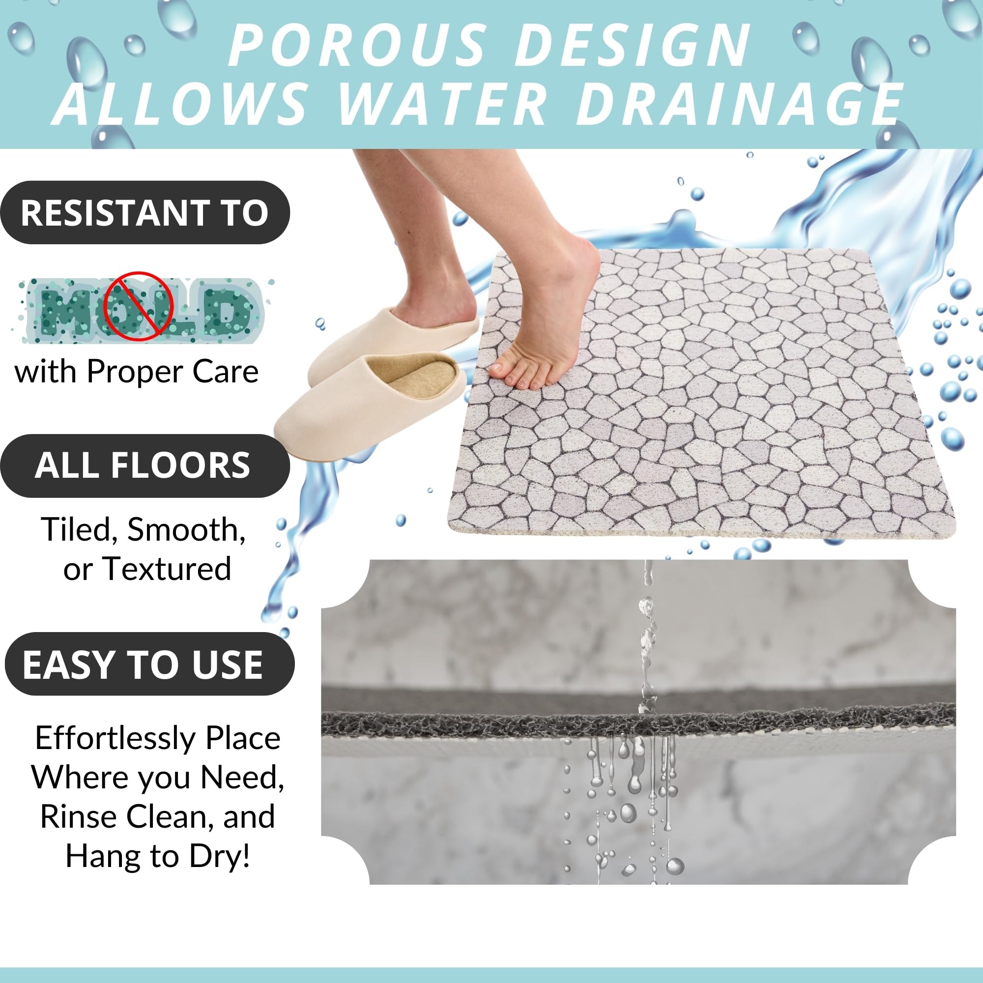 ENKOSI Loofah Shower Mat - Non-Slip PVC Bath Mat 24" x 24" Pebble - Quick Dry with Drain Holes for Kids & Elderly Safety