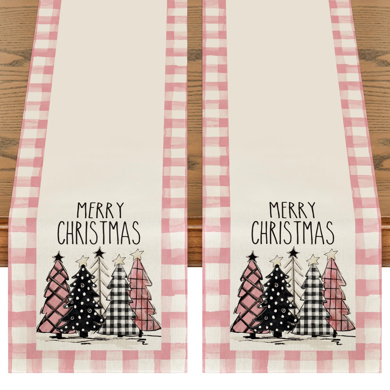 Artoid Mode Pink Buffalo Plaid Xmas Trees 2Pcs Merry Christmas Table Runner, Seasonal Winter Holiday Table Decoration For Home P