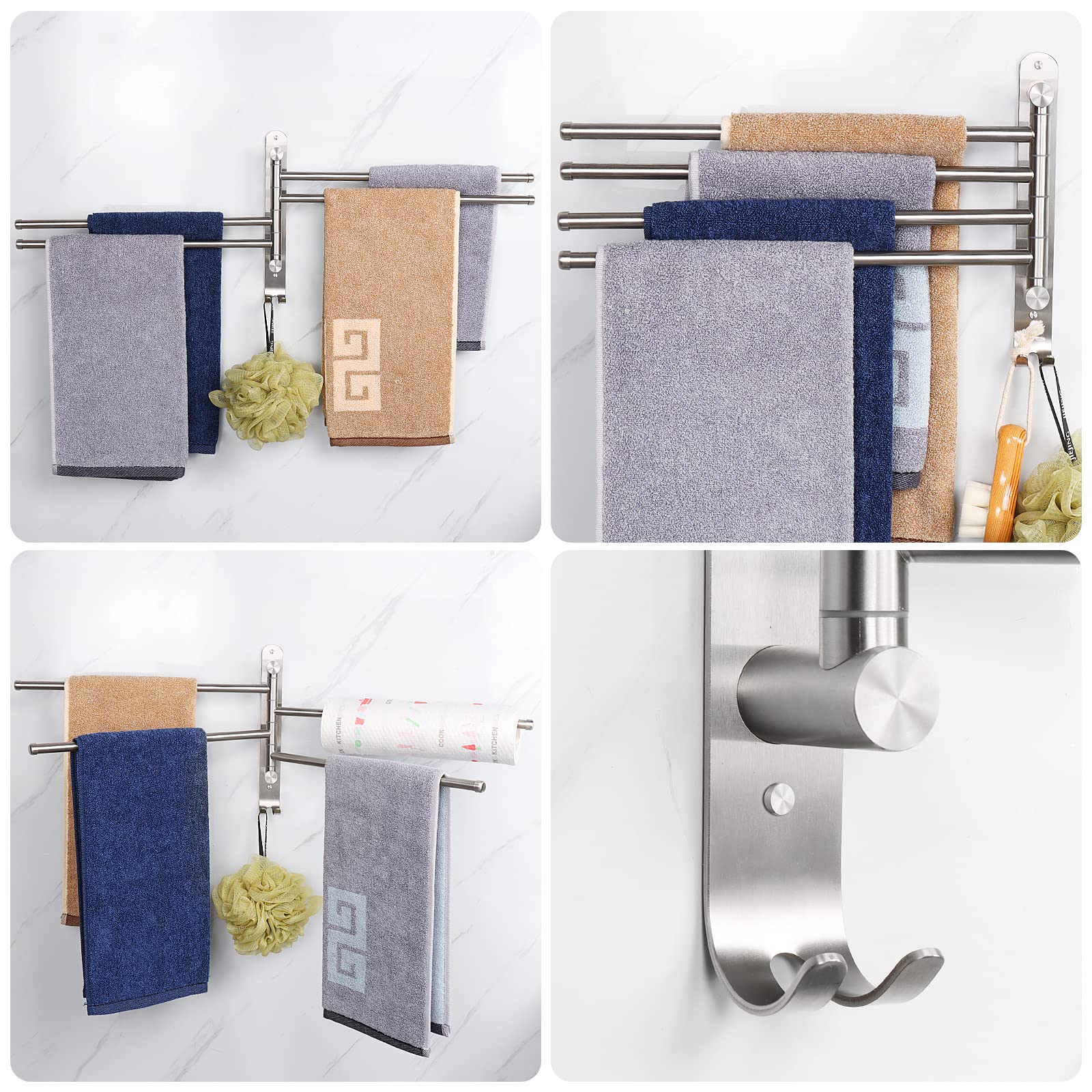 NearMoon Swivel Towel Rack  Thicken SUS304 Stainless Steel 4-Arm Towel Bar  Space Saving Wall Mounted Towel Holder with Hook  Rustproof Swing Out Towel Hanger for Bathroom  Kitchen (Brushed Nickel)