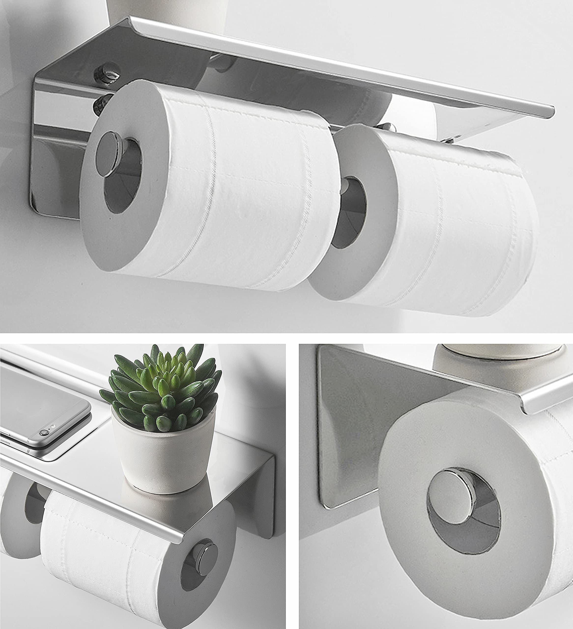 YEAVS Double Toilet Paper Holder-SUS 304 Stainless Steel Tissue Roll Rack with Phone Storage Shelf (Polished Chrome)
