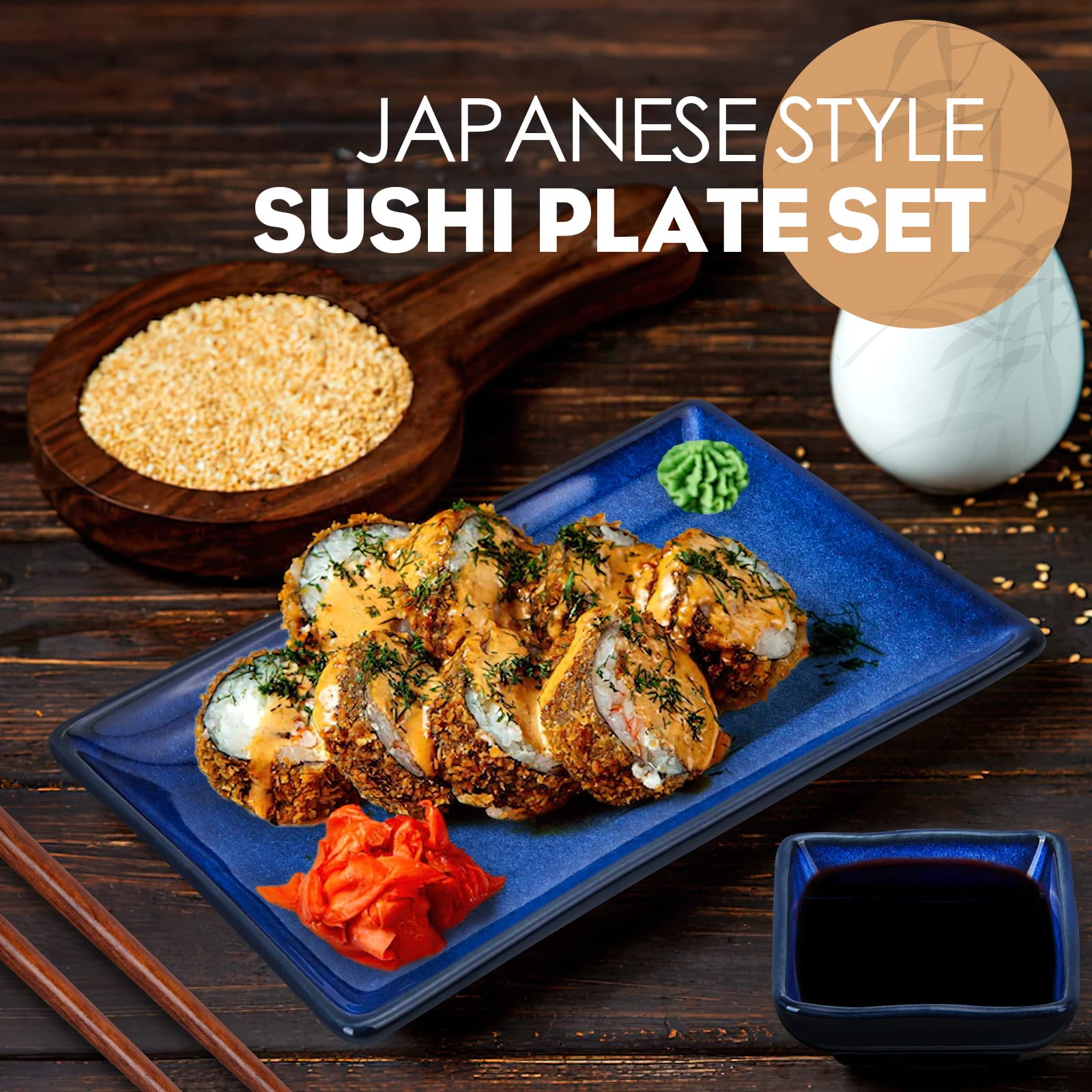 Uniidea Ceramic Sushi Serving Tray Sets 2, 6 Pieces Japanese Style Porcelain Sushi Plate Set With Soy Sauce Dishes, Bamboo Chops