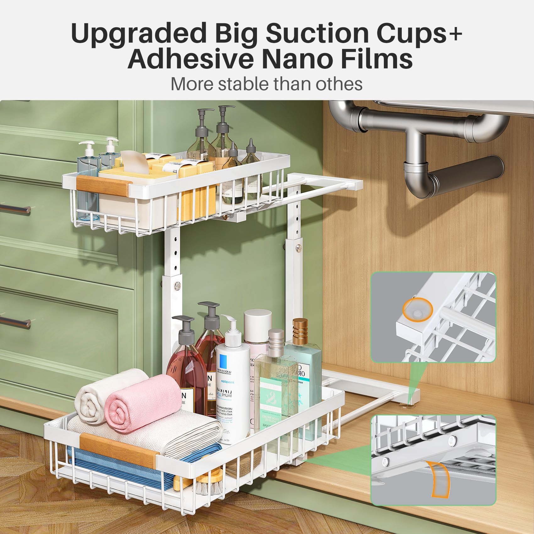 Pull Out Cabinet Organizer, 1 Pack Under Sink Organizer, Slide Out Metal Kitchen Cabinet Organizers Drawer Shelf, Sliding Storag