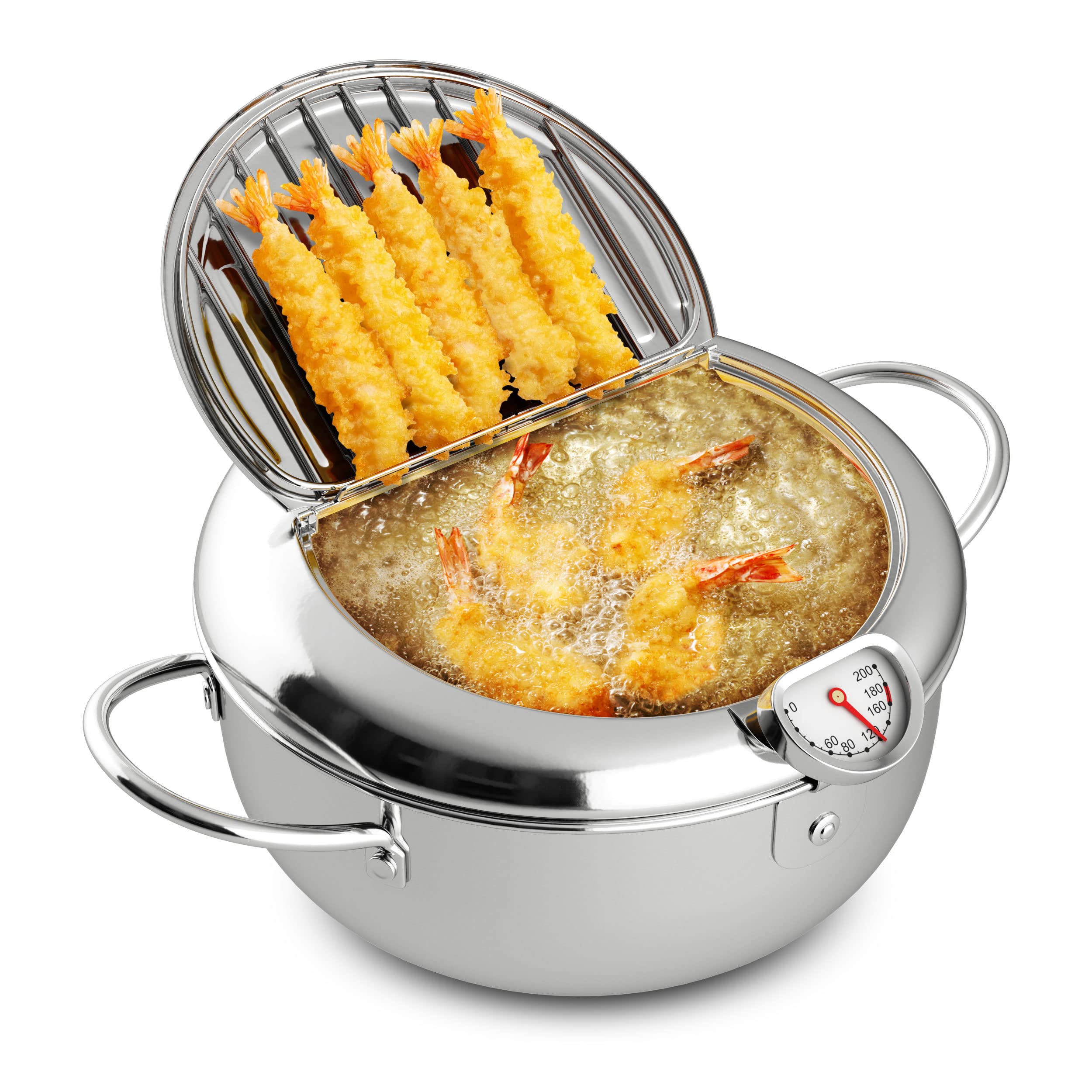 Deep Fryer Pot, Tempura Deep Frying Pot, Stove Top, 9    X 5.5   , 114 Oz (3.6 Qt), 304 Stainless Steel, Flat Bottom W/Lid & Tem