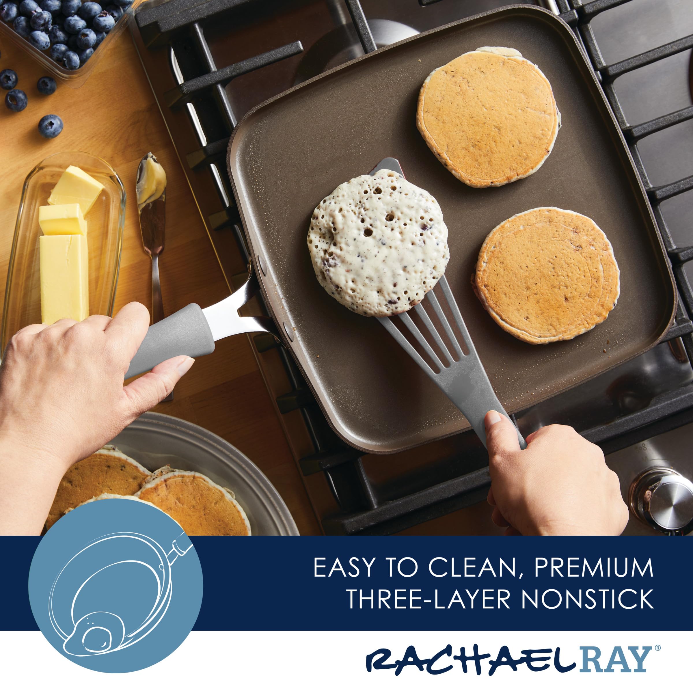 Rachael Ray Cook + Create Nonstick Stovetop Griddle/Grill Pan, Square, 11 Inch, Gray