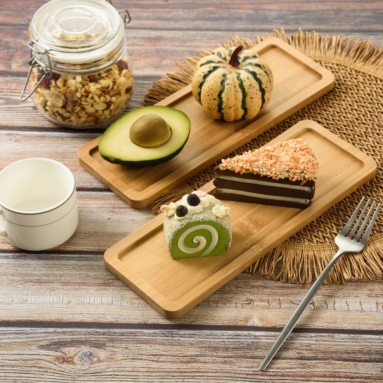 4 Pack Bamboo Serving Tray Rectangle Bamboo Wood Tea Serving Tray Rounded Edges Wooden Bathroom Counter Tray Bamboo Vanity Tray