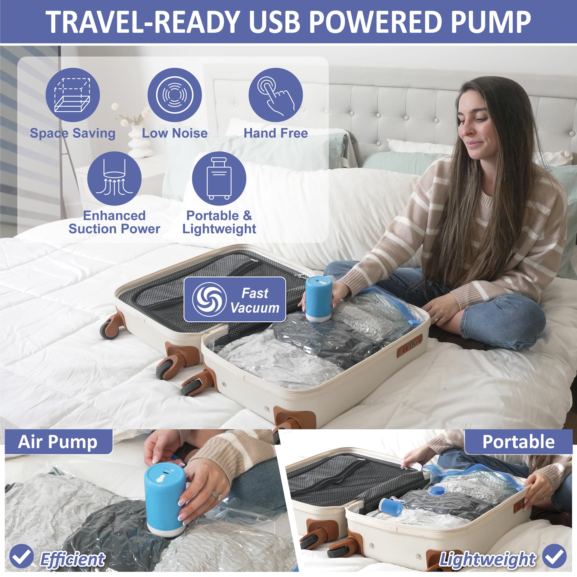 Cozy Essential 15 Pack Travel Vacuum Storage Bags with Portable Electric Pump, Suitase Vacuum Seal Space Saver Bags for Clothing