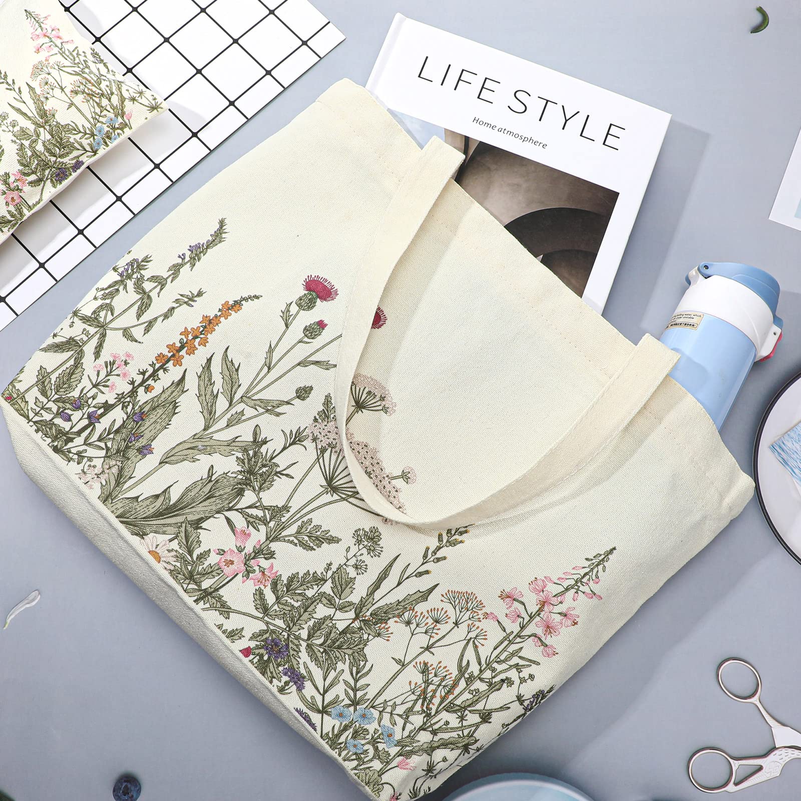Sadnyy 2 Pcs Wildflower Canvas Tote Bags For Women Cute Aesthetic Floral Makeup Bags End Of School Year Gift For Students Teache