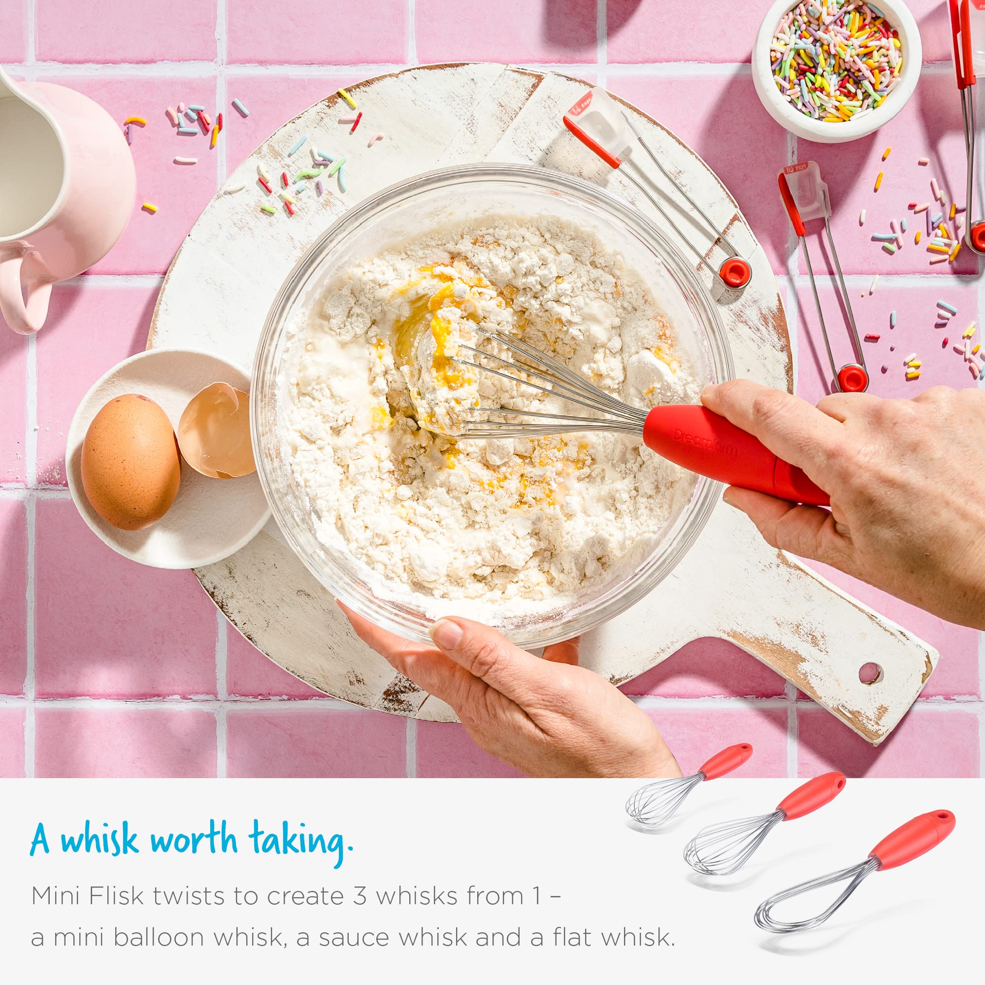 Dreamfarm Mini Flisk | 3 in 1 Stainless Steel Whisk with Ergonomic Handle | Balloon Whisk  Sauce Whisk and Flat Whisk Combined Into One | Space Saving Whisk for Baking  Cooking | Black Mini