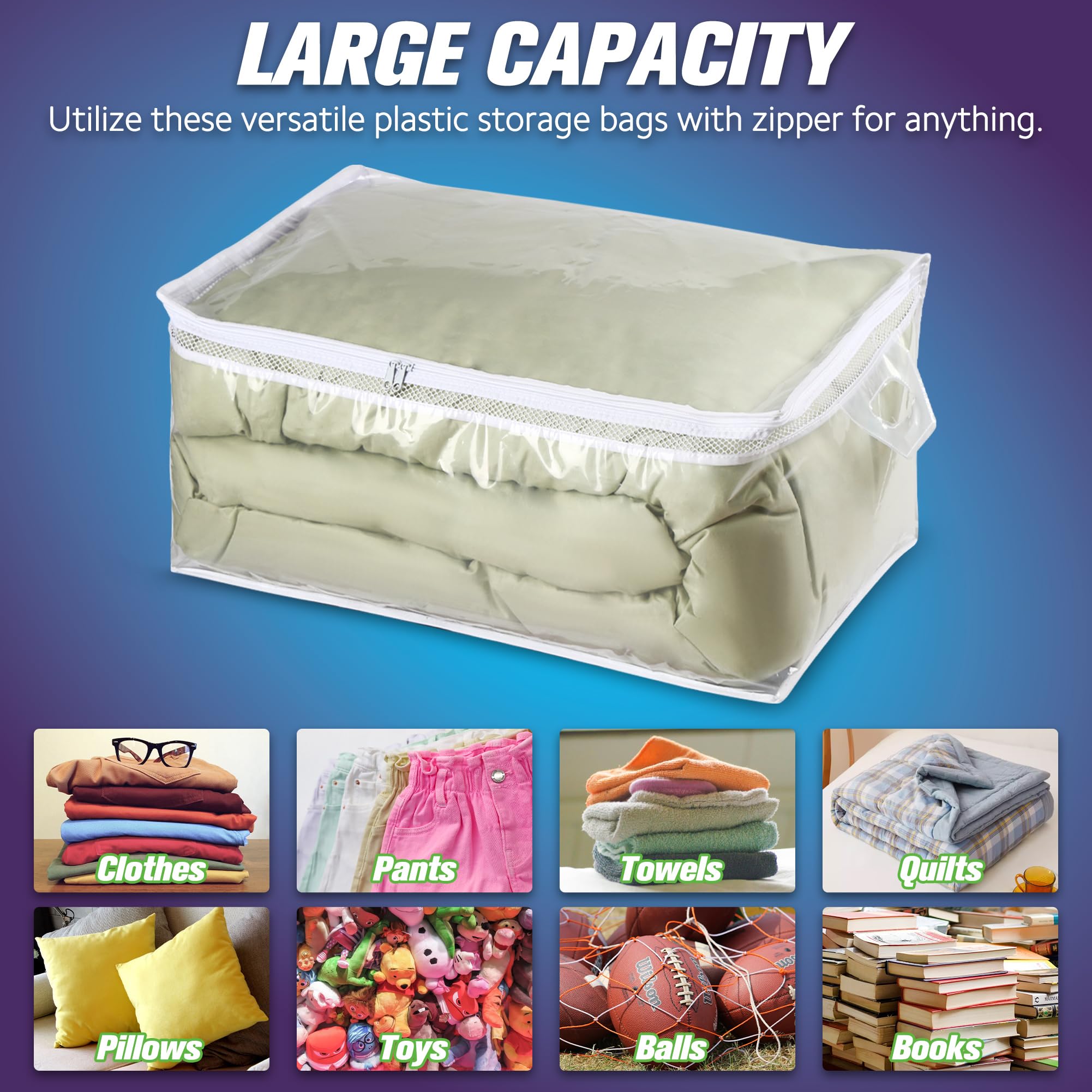 Hibag 20 Gallon Large Storage Bag For Clothes, Zipper Clothing Storage Bag, Clear Organizer With Reinforced Handles, For Comfort