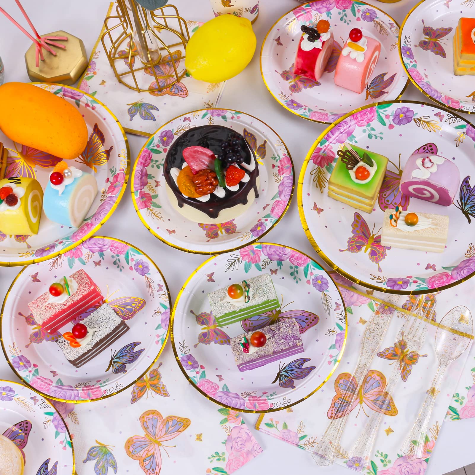 Atonofun Butterfly Birthday Party Supplies  Butterfly Party Plates  Cups  Napkins and Cutlery  Butterfly Party Decorations for Baby Shower  Birthday  Butterfly Fairy Themed Parties Serves 24