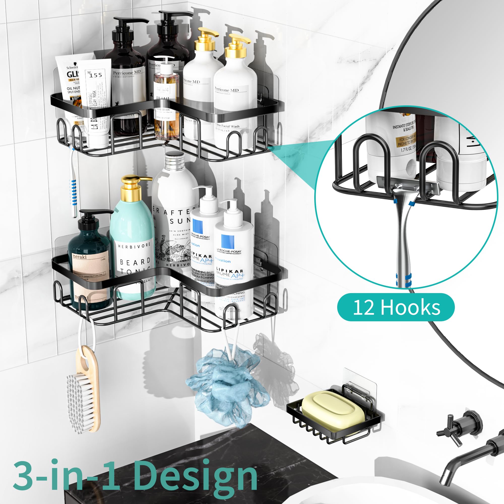 Moforoco Adhesive Corner Shower Caddy, 3 Pack Organizer Shelf With Soap Holder And 12 Hooks, Shelves Rustproof For Bathroom, Sto