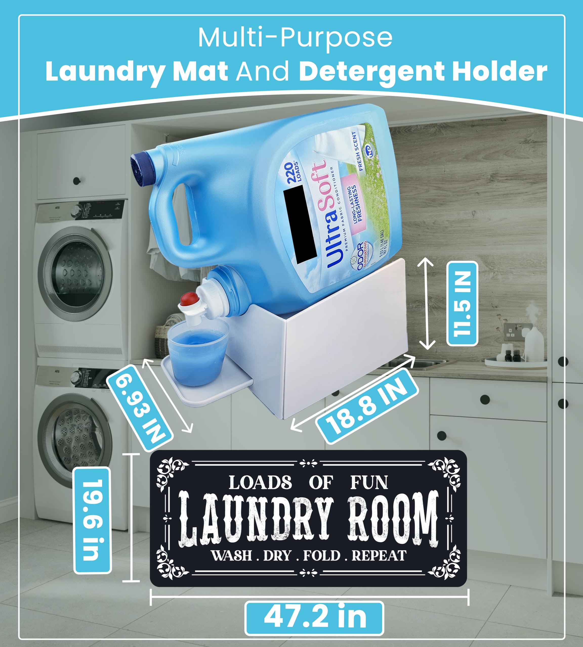 Skywin Laundry Detergent Holder With Laundry Room Rug Runner - Laundry Detergent Cup Holder With Drip Tray And Laundry Rugs For