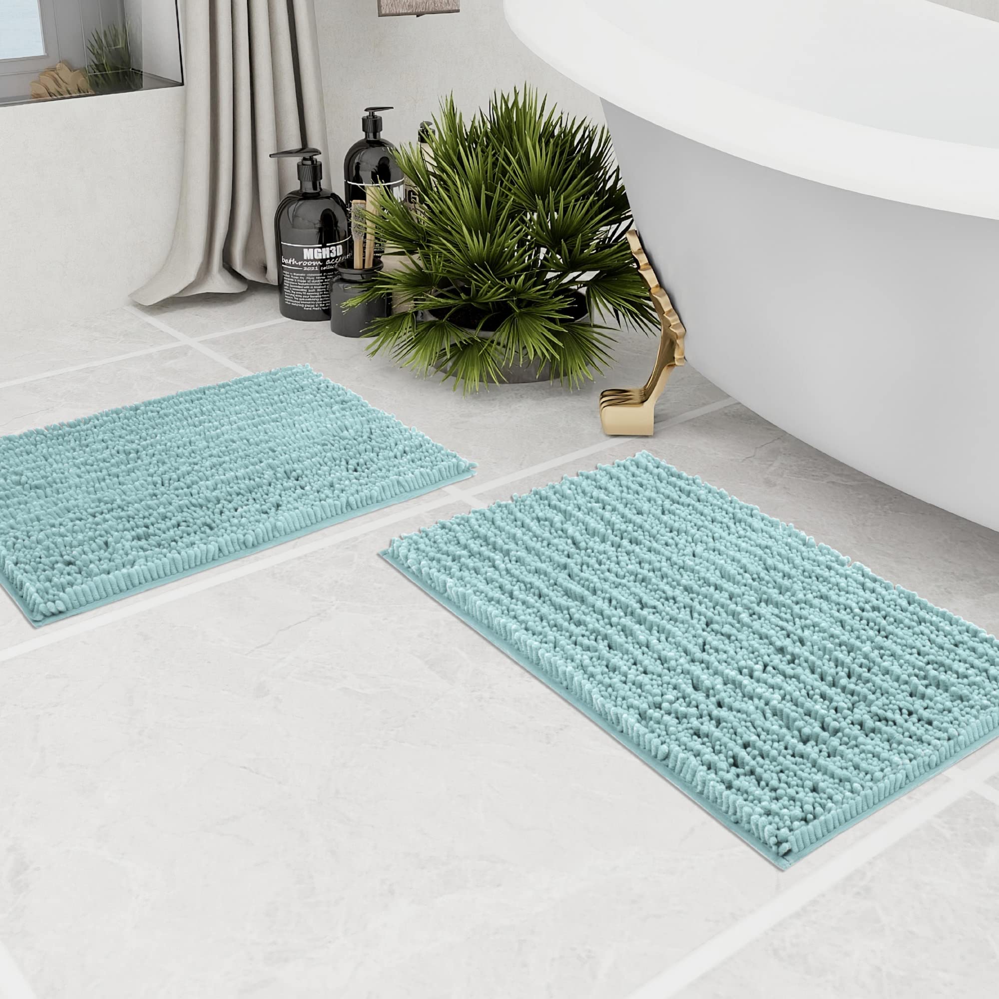 Walensee Bathroom Rug 2 Pieces Set Non Slip Bath Mat (17X24 Plus 20X32 Inch Spa Blue) Water Absorbent Super Soft Shaggy Chenille
