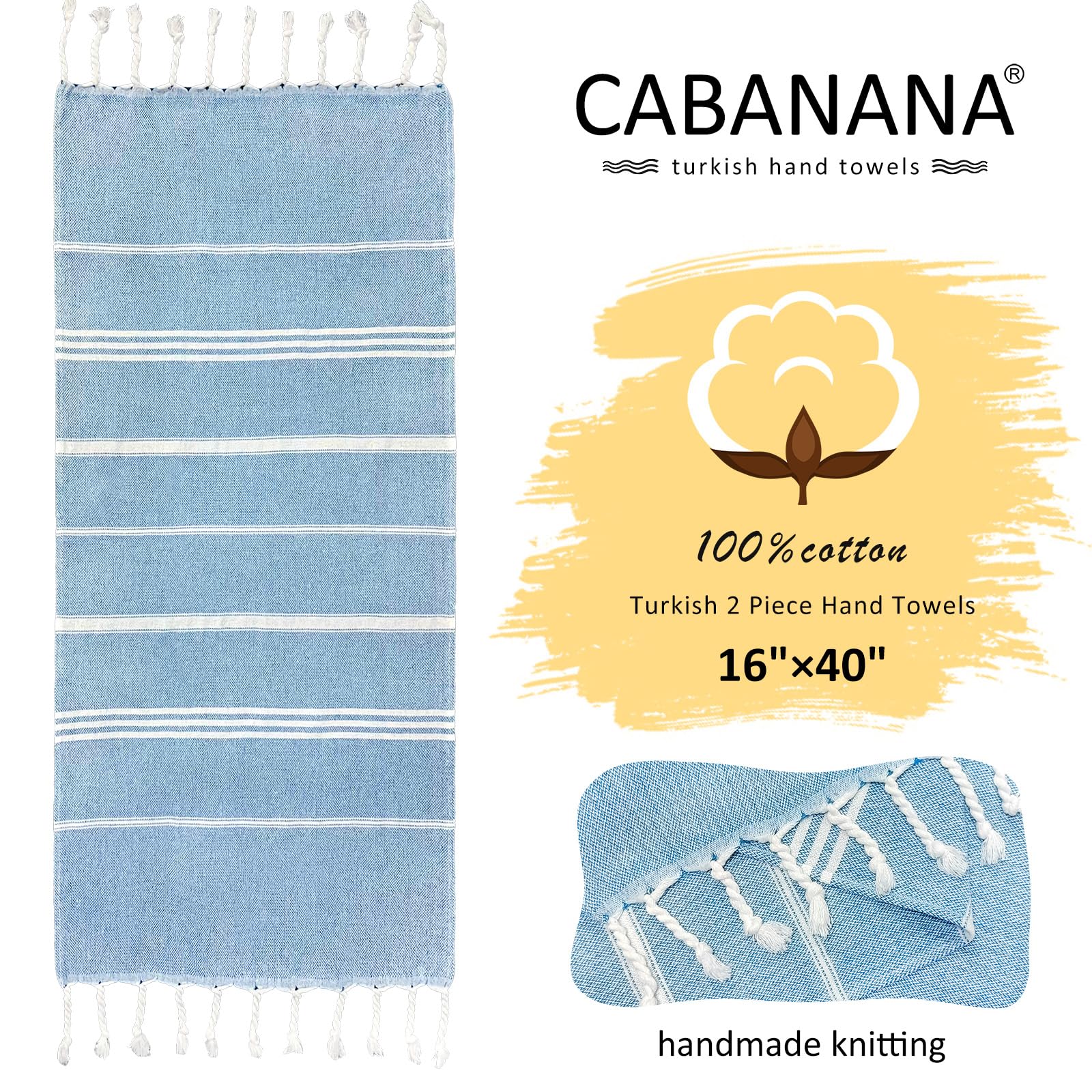 Cabanana Cotton Turkish Hand Towel - Set Of 2 | Boho Kitchen Tea Towels, 40 X 16 Inches Thin Decorative Bathroom Towel(Blue)