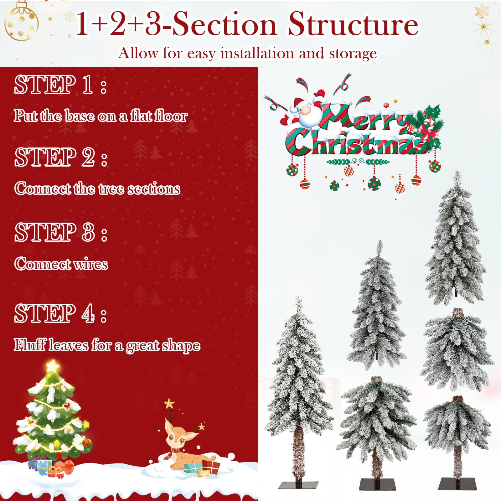 Goplus 3 4 5 Pre-Lit Snow Flocked Christmas Tree Set of 3, Slim Pencil Artificial Xmas Trees with 300 Multicolored LED Lights