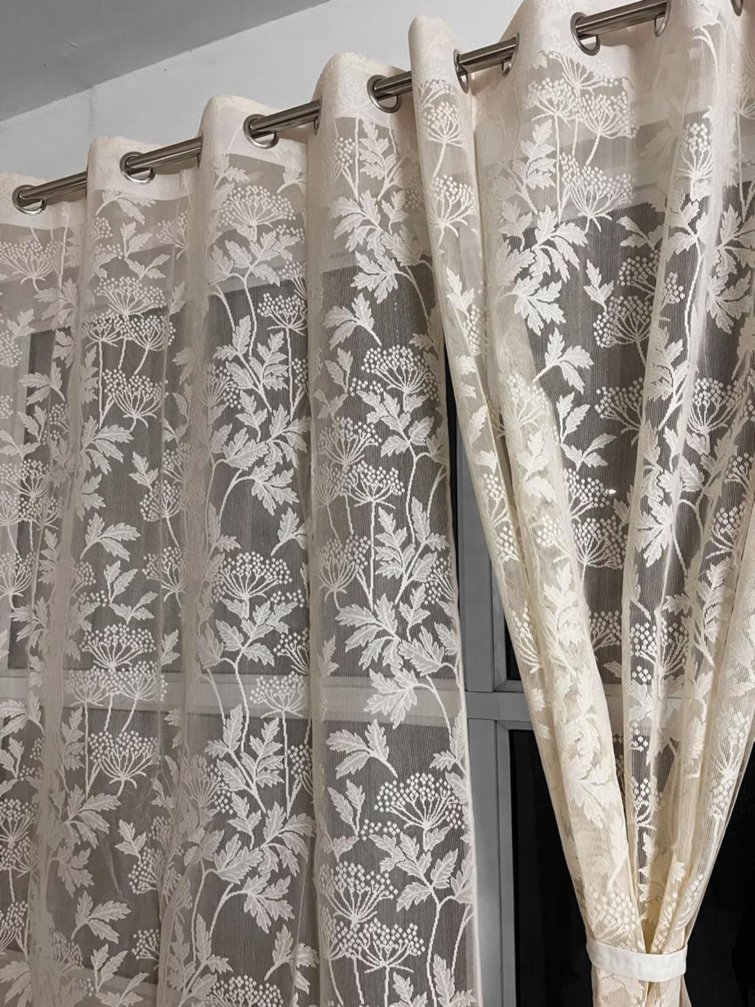 Fabrilia Floral Sheer Net Semi Transparent Grommet Curtains For Window 5 Feet Long Set Of 2, Cream