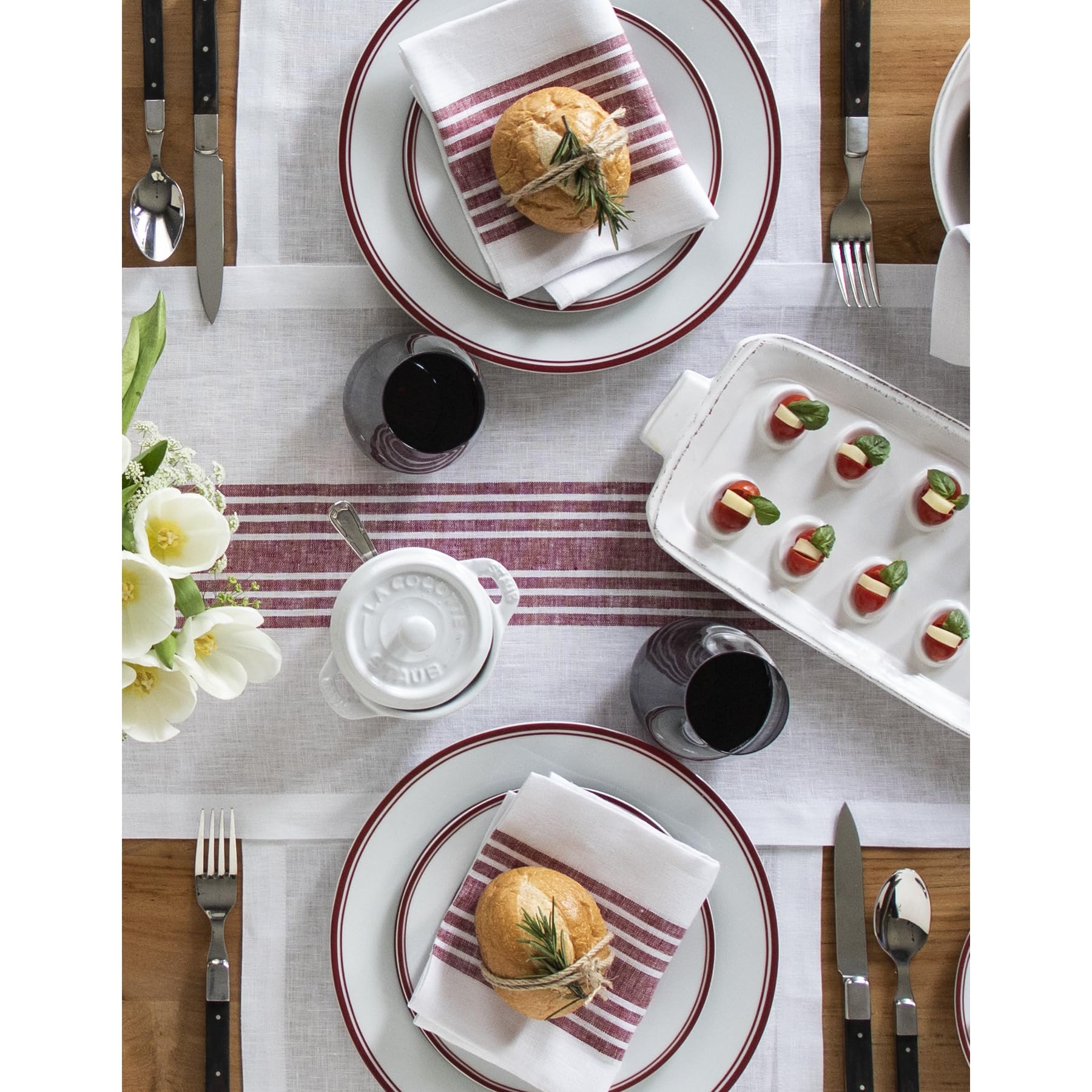 Solino Home Farmhouse Stripe Linen Table Runner 120 Inches Long - 100% Pure Linen 14 X 120 Inch Extra Long Table Runner, Burgund