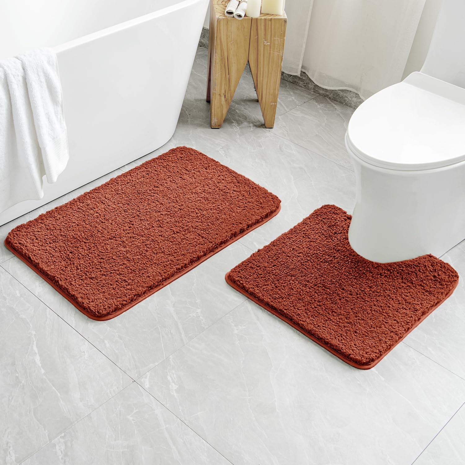 Miulee Fall Rust Microfiber Bathroom Rugs And Mats Sets 2 Pieces Extra Thick Non Slip Bath Mat And U-Shaped Contour Toilet Rug F