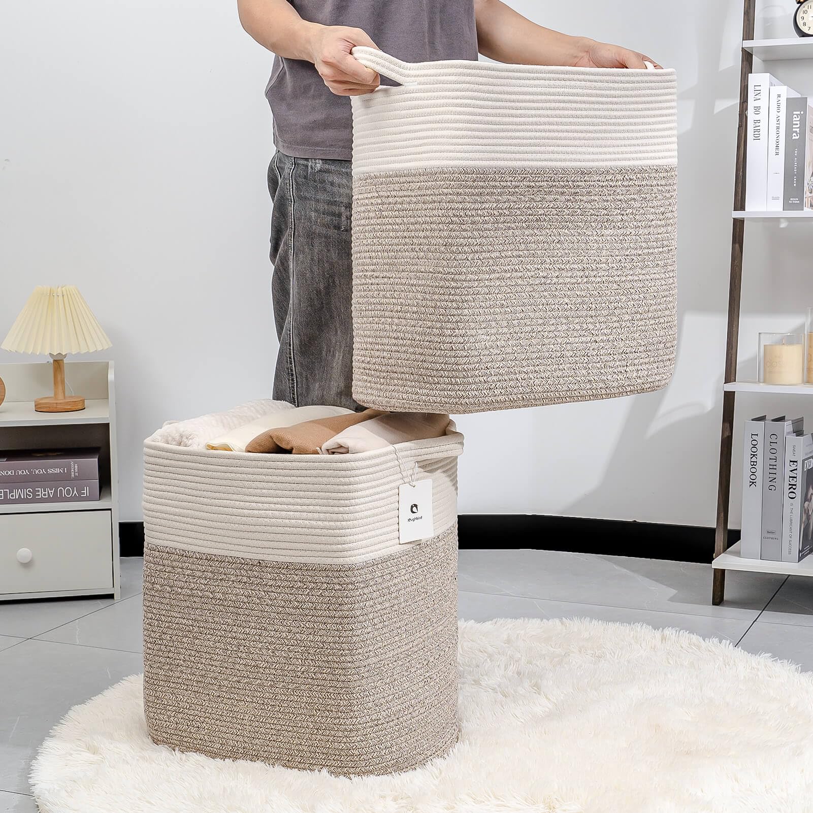 Laughbird Tall Storage Baskets For Clothes Fabric Cotton Rope Storage Basket Bin With Handles, Decorative Woven Basket For Livin