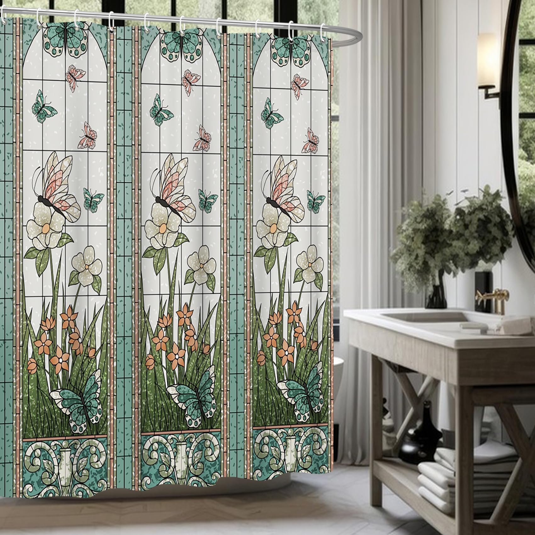 Yanutan Green Garden Shower Curtain, Colorful Butterfly Floral Shower Curtain Set For Bathroom, Modern Design Plant Fabric Bath