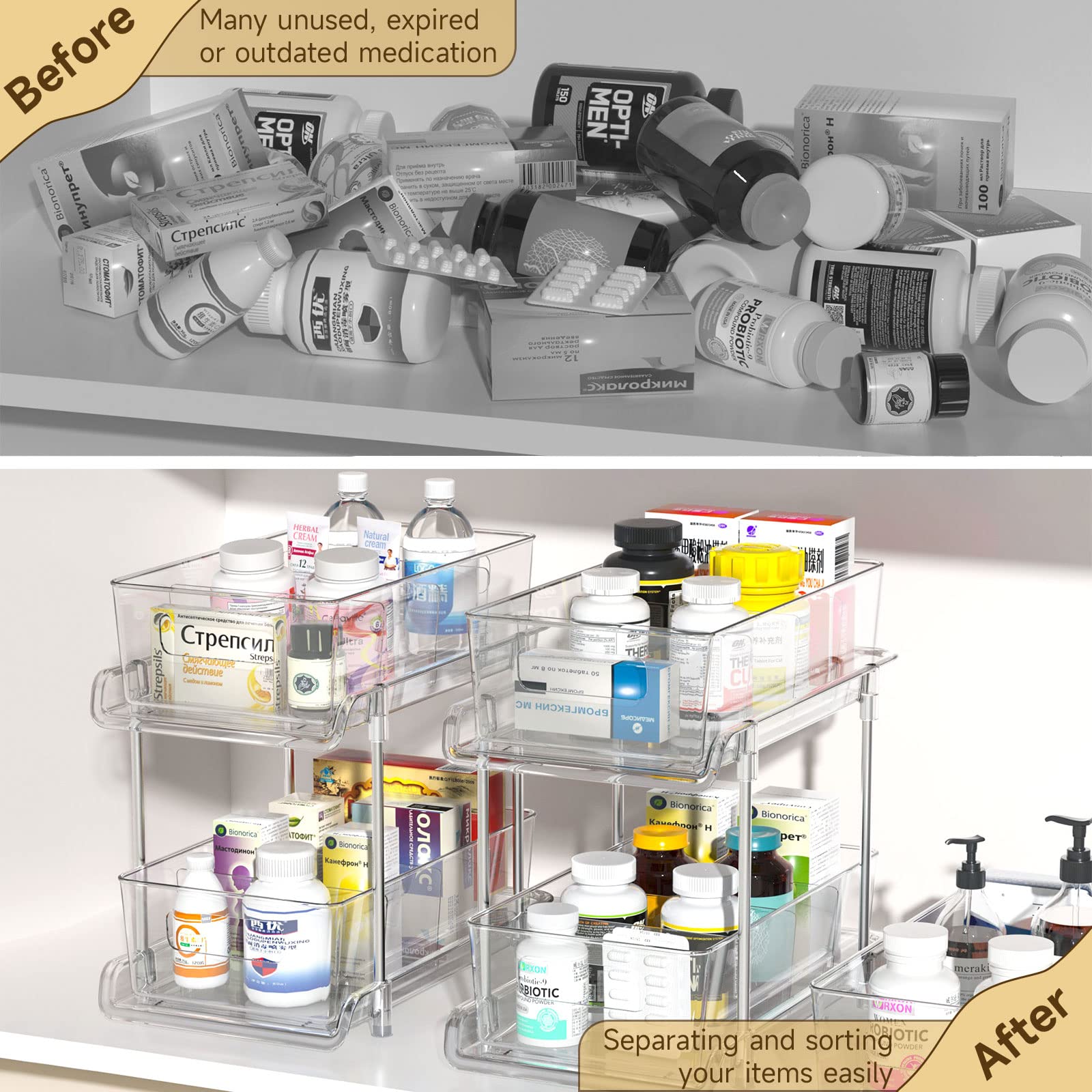 Hihegd 2 Tier Bathroom Storage Organizer With Dividers, Clear Under Sink Organizers And Storage Pull Out Cabinet Organizer For B