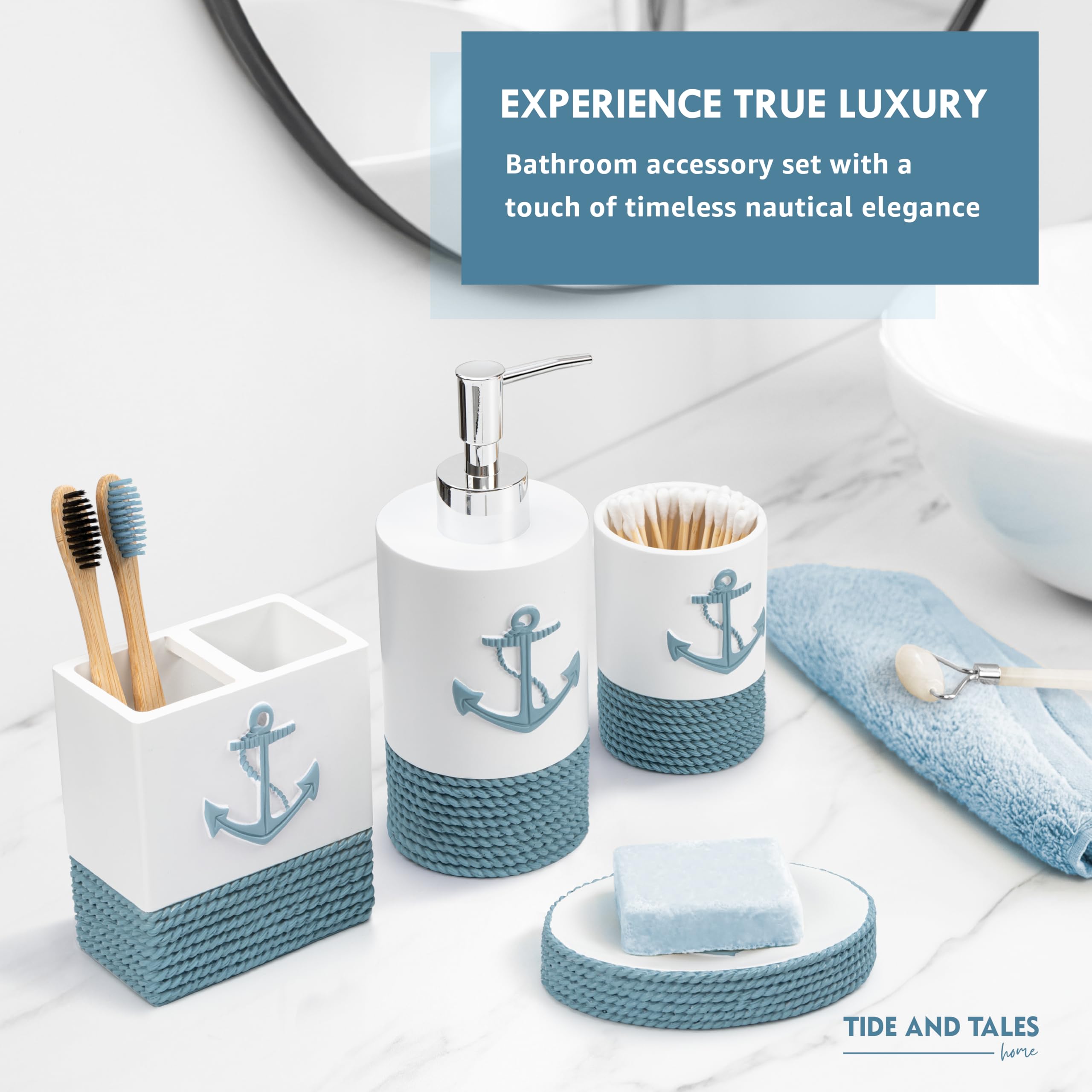 Tide and Tales Nautical Bathroom Accessories Set - 4 PC Coastal Decor, White/Teal Resin Soap Dispenser, Rope & Anchor Design